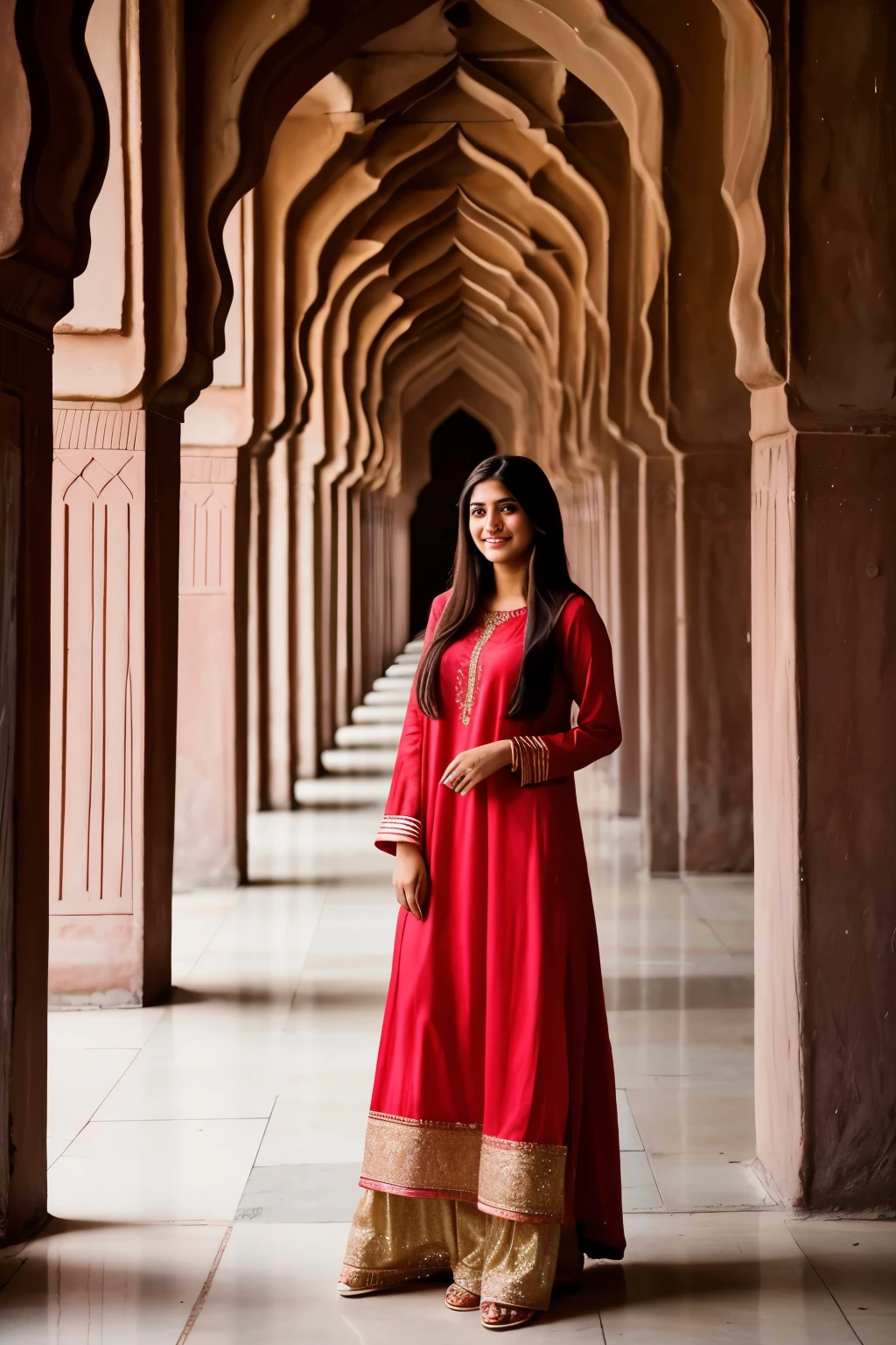 A 18 year old Pakistani girl, cold color, long straight hair, perfect eyes, smile, blushing, Fine detailed skin, in mosque, full body, red dress, cinematic lightning, high resolution, realistic, 5k image,
