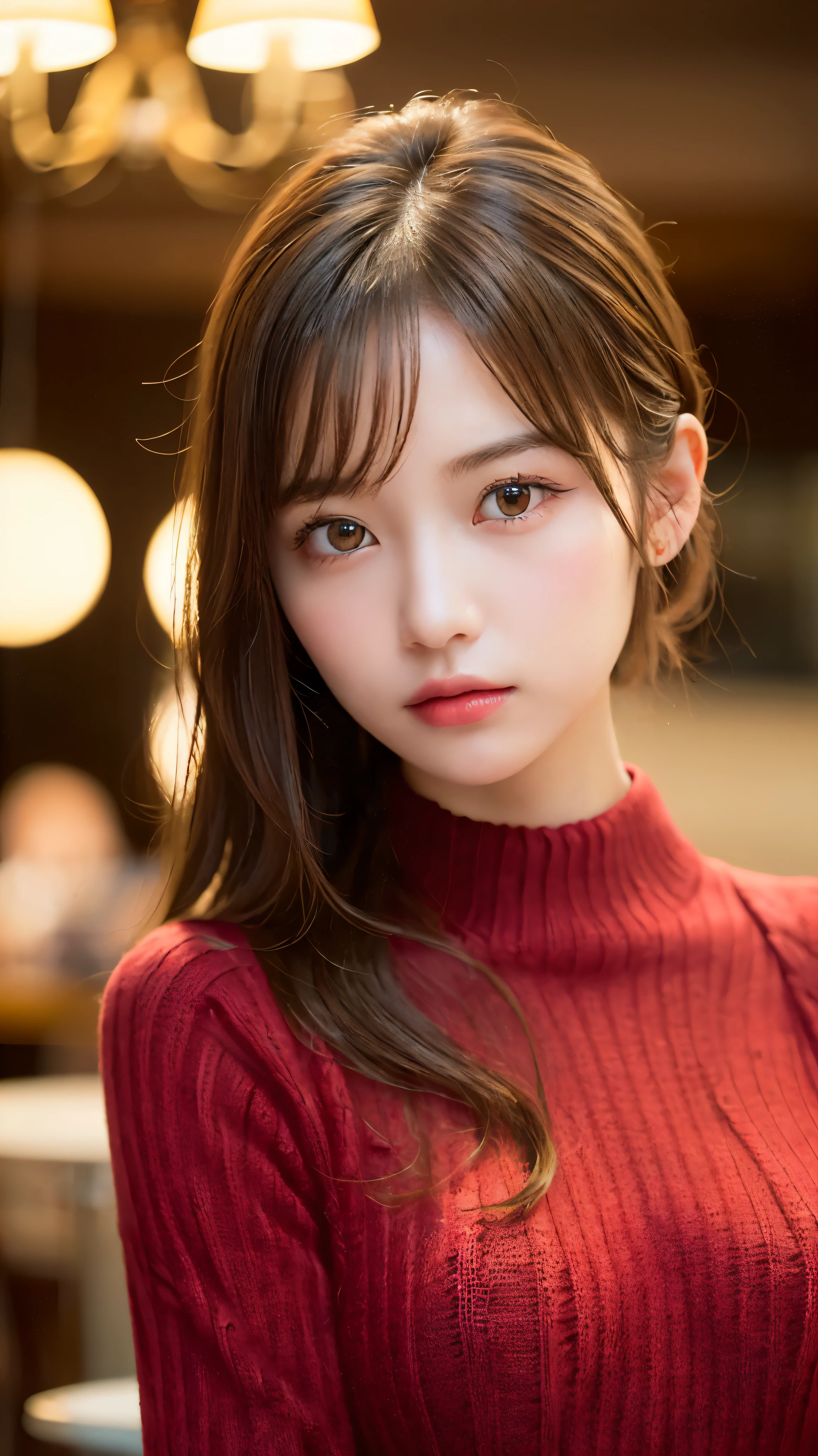 (masterpiece:1.5)、(realistic:1.5)、(highest quality:1.4、8K、RAW photo）、 ultra high resolution、professional lighting、perfect dynamic composition、Photographed at an antique and stylish cafe、 film grain、chromatic aberration、(Bokeh:1.1)、 Frank、Sophisticated、charm、超realistic、high detail、golden ratio、 (1 girl)、slender girl、繊細でcharm女の子、cute woman:1.4、 serious expression、looking at the viewer、sculpture installation、light brown hair、shining hair、Hair style is ponytail、 skin that looks real、 close your mouth、fine eyes、double eyelid、thin arms、(Wearing a red knitted sweater:1.3)