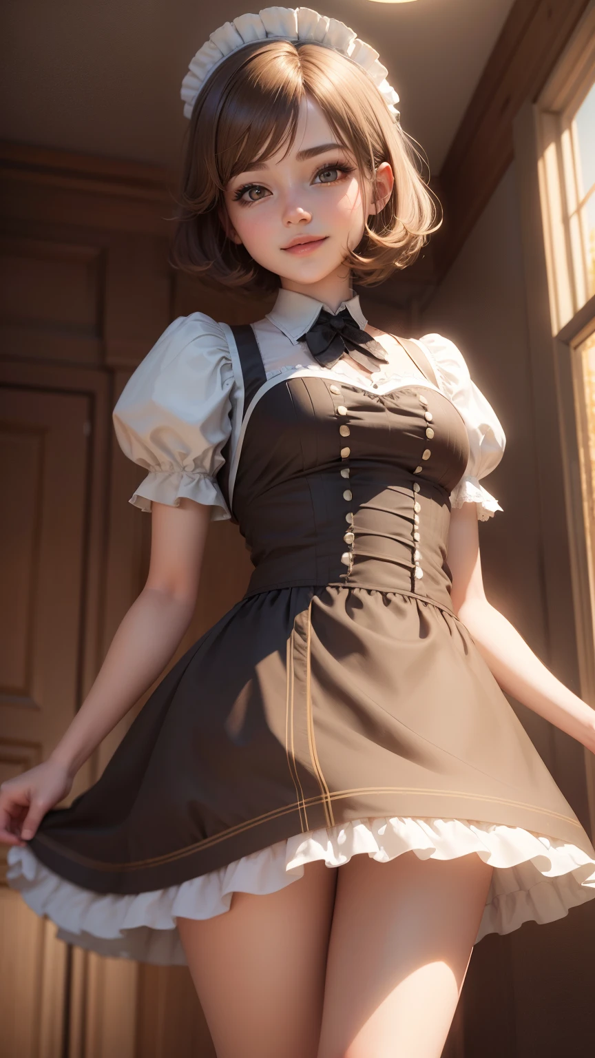 highest quality, masterpiece,  1 girl, light smile, dramatic lighting, from below、maid cosplay、mini skirt、Light Brown Short Bob Hair、bedroom、3D rendering