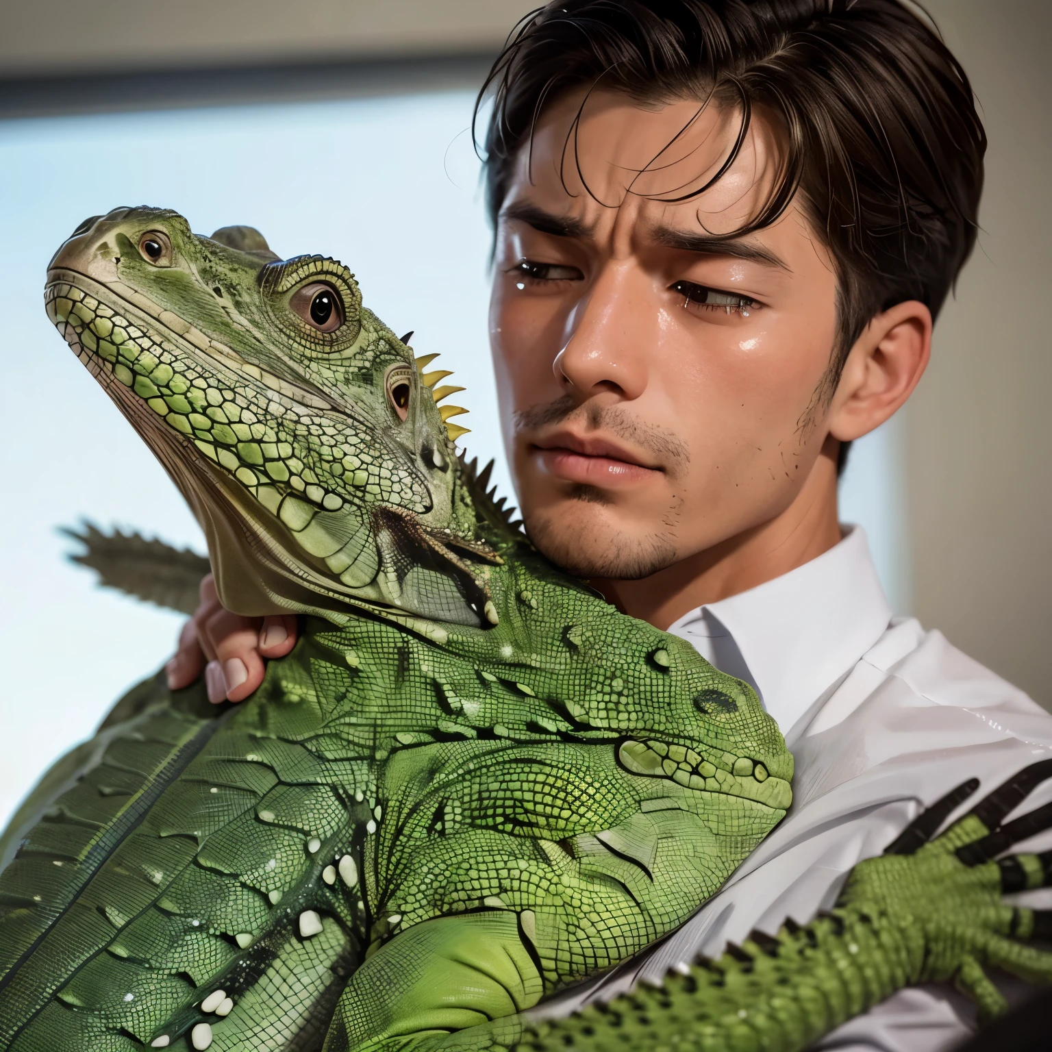 Man cries heavily thinking about dead iguana