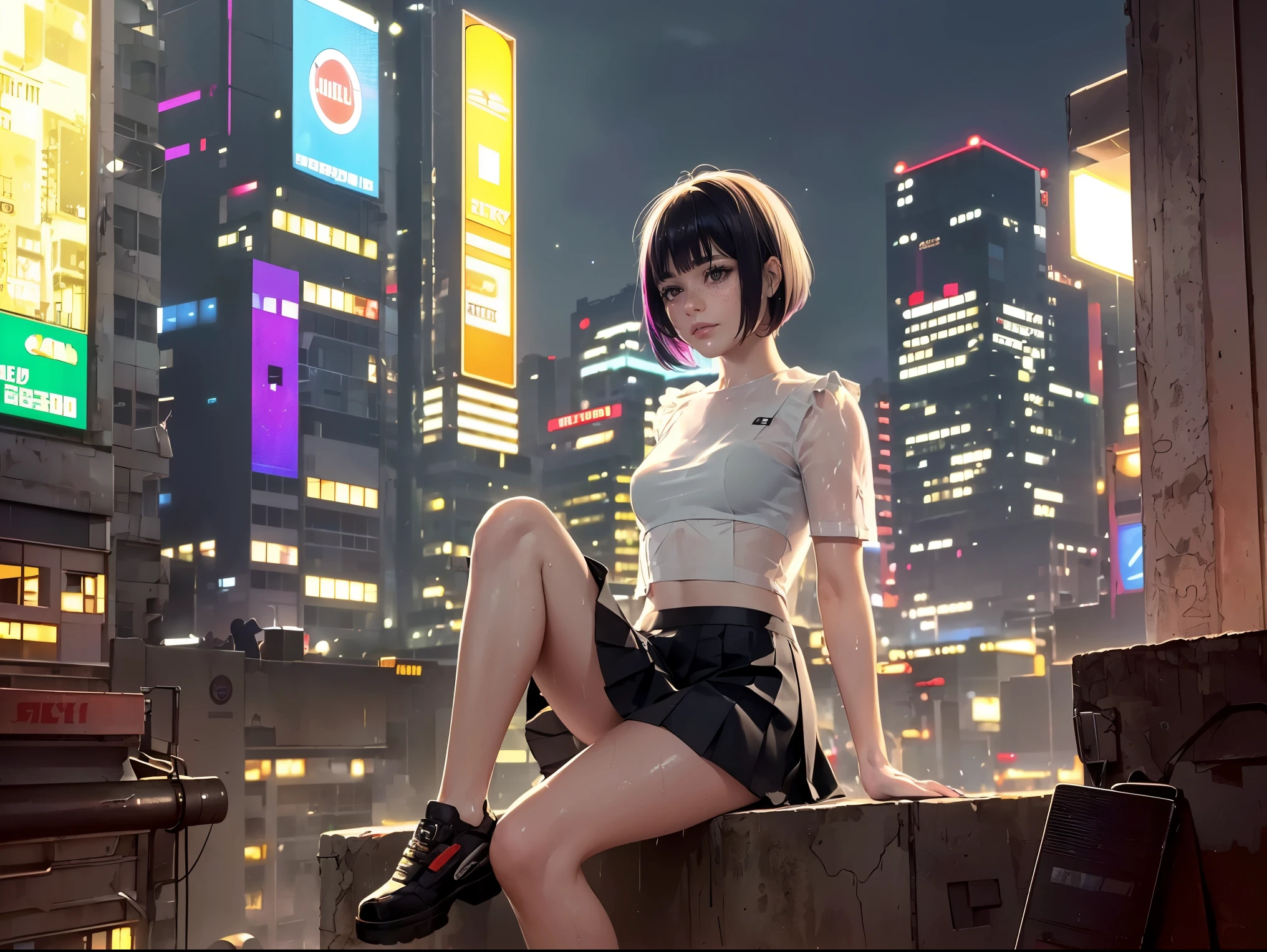 (realism), a girl sitting legs dangling on a edge roof ledge), (rain drop), (sweat see through white frilled shirt:1.3), (pleated skirt:1.3), (rainy city), (dusk, the milky way in the sky:1.45), (small breasts), photoreal, (beautiful sky, starry), (masterpiece), (soaking wet), (sexy:1.3), (cyberpunk slums:1.4), (cyber slums on top), (cyberpunk 2077), beautiful neon city, ((gray hair, multicolored eyes, multicolored hair, bob cut, short hair with long strands))