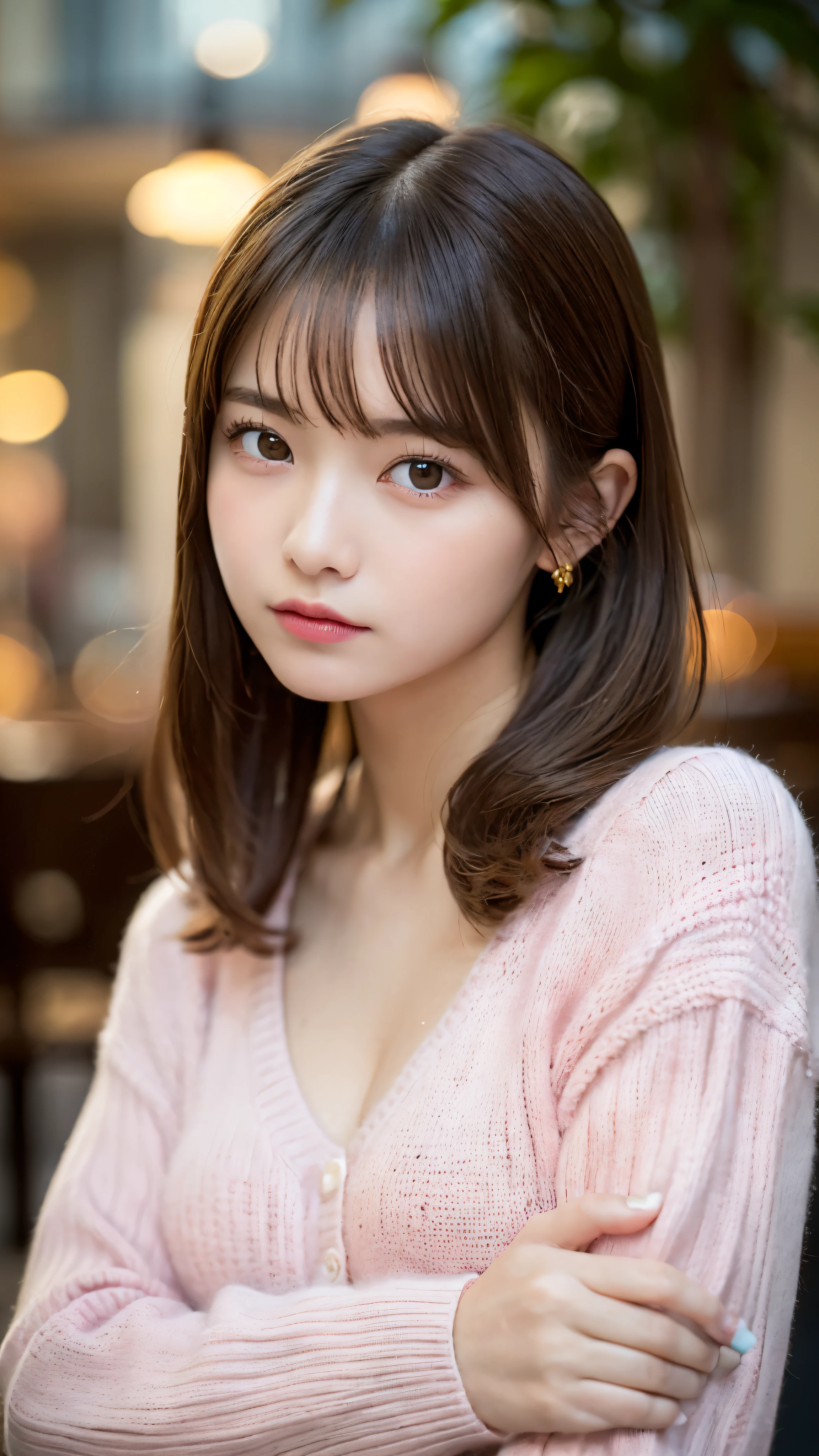 (masterpiece:1.5)、(realistic:1.5)、(highest quality:1.4、8K、RAW photo)、 ultra high resolution、professional lighting、perfect dynamic composition、Photographed at an antique and stylish cafe、 film grain、chromatic aberration、(Bokeh:1.1)、 Frank、Sophisticated、charm、超realistic、high detail、golden ratio、 (1 girl)、slender girl、繊細でcharm女の子、cute woman:1.4、 serious expression、looking at the viewer、sculpture installation、light brown hair、shining hair、The hairstyle is twin tails、 skin that looks real、 close your mouth、fine eyes、double eyelid、thin arms、(Wearing a pink knitted sweater:1.3)