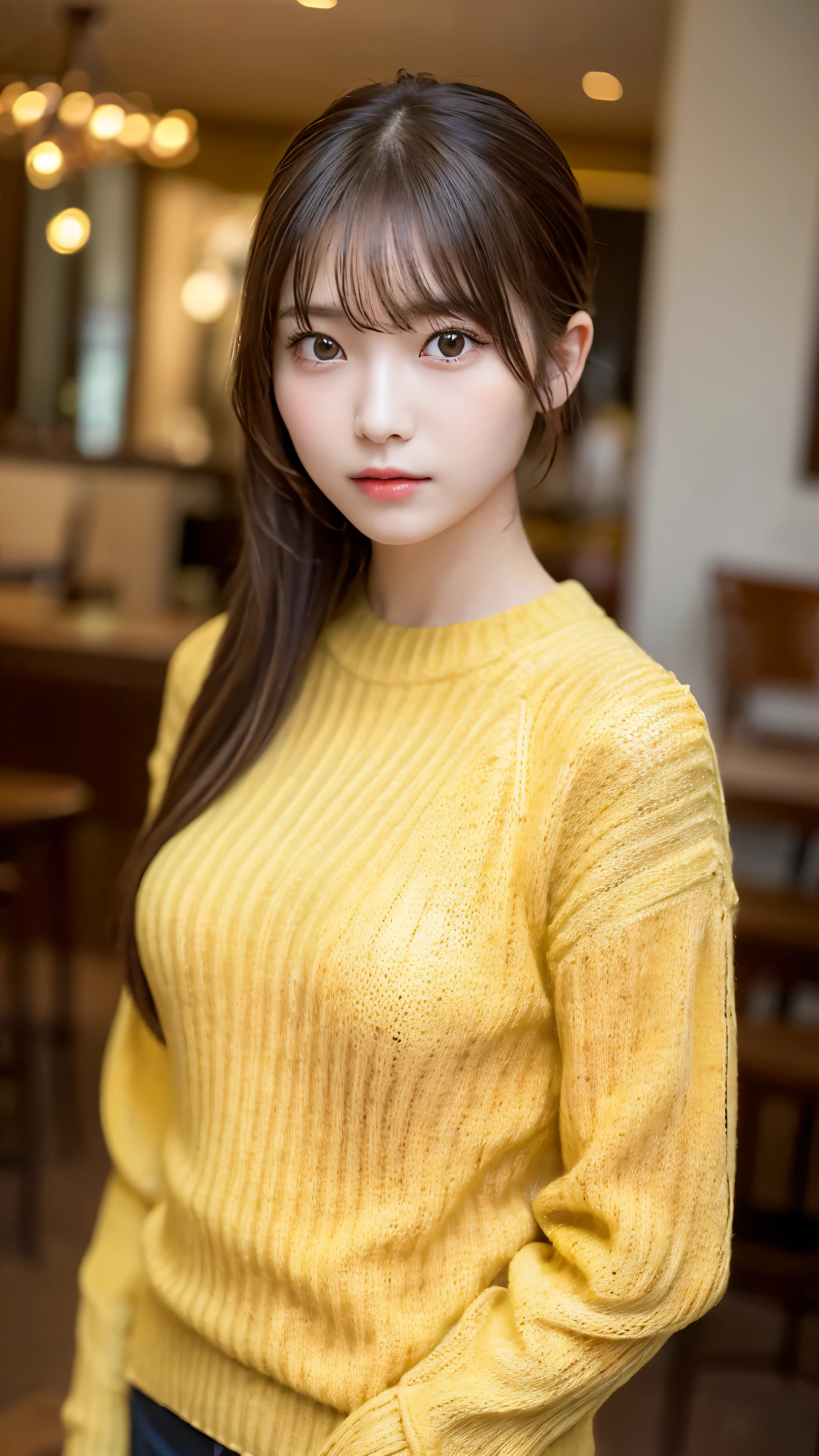 (masterpiece:1.5)、(realistic:1.5)、(highest quality:1.4、8K、RAW photo）、 ultra high resolution、professional lighting、perfect dynamic composition、Photographed at an antique and stylish cafe、 film grain、chromatic aberration、(Bokeh:1.1)、 Frank、Sophisticated、charm、超realistic、high detail、golden ratio、 (1 girl)、slender girl、繊細でcharm女の子、cute woman:1.4、 serious expression、looking at the viewer、sculpture installation、light brown hair、shining hair、Hair style is ponytail、 skin that looks real、 close your mouth、fine eyes、double eyelid、thin arms、(wearing a yellow knit sweater:1.3)