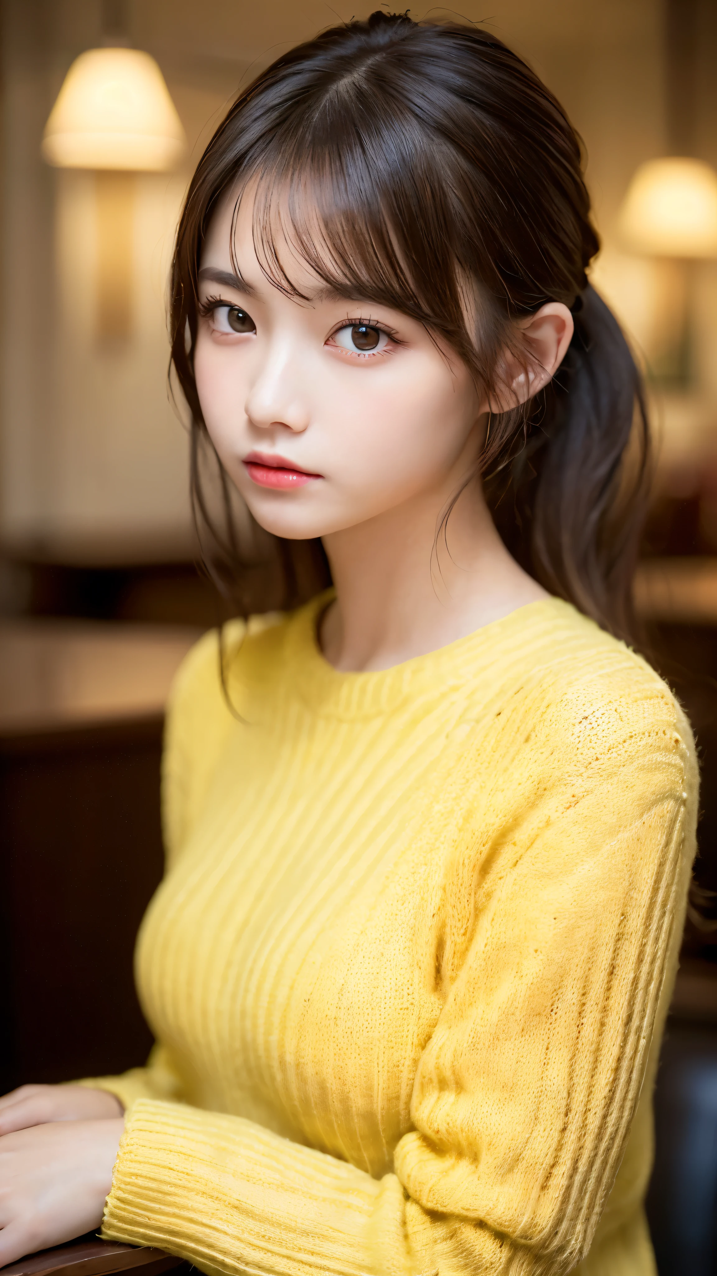 (masterpiece:1.5)、(realistic:1.5)、(highest quality:1.4、8K、RAW photo)、 ultra high resolution、professional lighting、perfect dynamic composition、Photographed at an antique and stylish cafe、 film grain、chromatic aberration、(Bokeh:1.1)、 Frank、Sophisticated、charm、超realistic、high detail、golden ratio、 (1 girl)、slender girl、繊細でcharm女の子、cute woman:1.4、 serious expression、looking at the viewer、sculpture installation、light brown hair、shining hair、Hair style is ponytail、 skin that looks real、 close your mouth、fine eyes、double eyelid、thin arms、(wearing a yellow knit sweater:1.3)