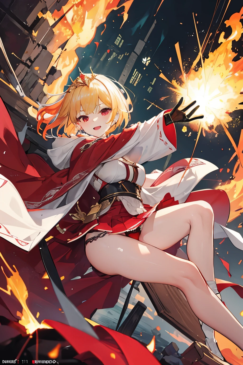 (((1girl))), ((best quality)), ((masterpiece)), ((ultra-detailed)), (illustration), (detailed light), (an extremely delicate and beautiful), (beautiful detailed eyes), (sunlight), ((extremely light)), ((extremely clothes)), (((hyper detail))),(((((front lighting))))),(((((front light))))),
((((quite adorable and more erotic red Wizard's robe with a brief skirt and wizard tiara)))), (((Highest Class Wizard))),
,
((wavy short manish bob)), ((((yellow gold hair)))), (((short hair))),
(((ruby red eyes))),
(((whole body))), 8 to 1((())))),
((condescending expression)), ((mischievous smile with sexual satisfaction)), (((extra adorable))), (((((extra slender shape))))),
(((extremely beautiful detailed face))), (((surrounded by too many falling deadly sparks and flames))),
(((((attacking enemies by a spell of heavy squall of deadly sparks))))),
(((((Dutch angle))))), (((white gloves))), a little bit exposed pure red panties