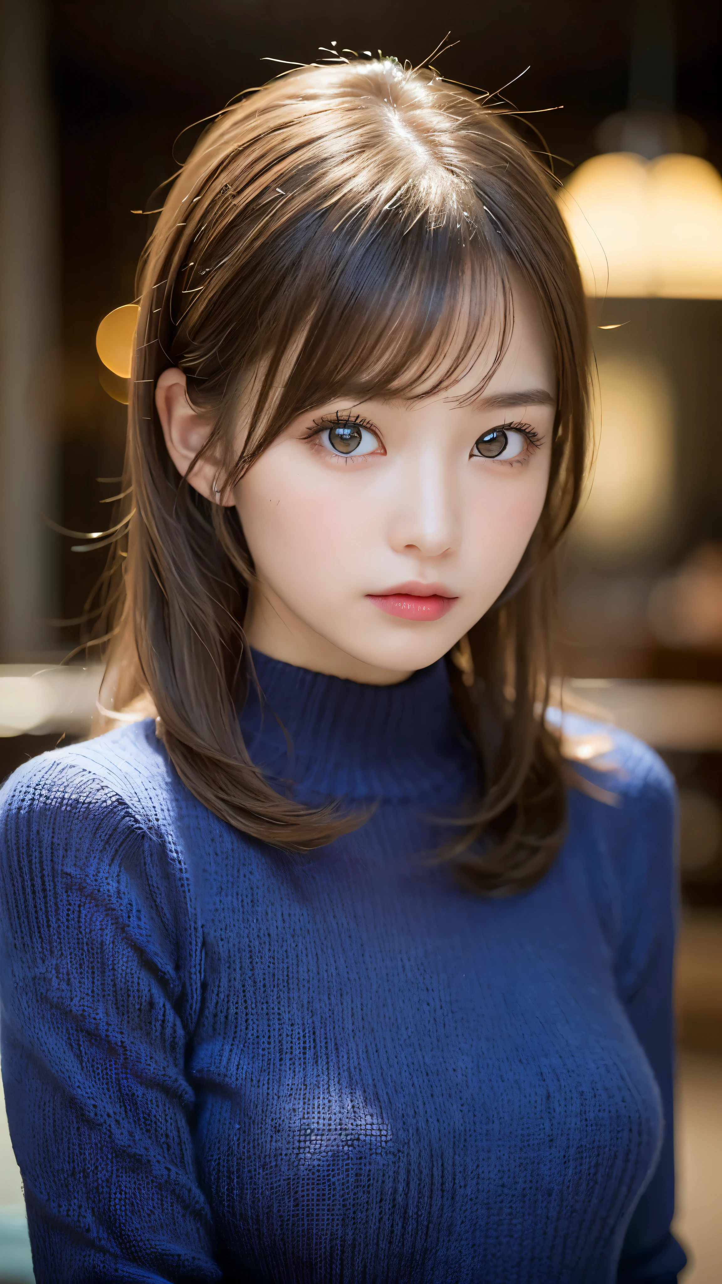 (masterpiece:1.5)、(realistic:1.5)、(highest quality:1.4、8K、RAW photo）、 ultra high resolution、professional lighting、perfect dynamic composition、Photographed at an antique and stylish cafe、 film grain、chromatic aberration、(Bokeh:1.1)、 Frank、Sophisticated、charm、超realistic、high detail、golden ratio、 (1 girl)、slender girl、繊細でcharm女の子、cute woman:1.4、 serious expression、looking at the viewer、sculpture installation、light brown hair、shining hair、Hair style is ponytail、 skin that looks real、 close your mouth、fine eyes、double eyelid、thin arms、(wearing a navy blue knit sweater:1.3)