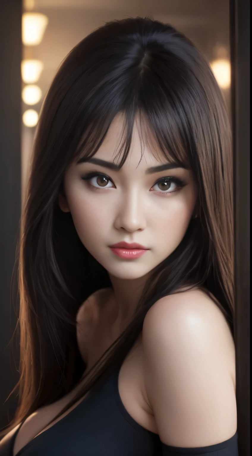 best quality, ultra detailed, realistic, portrait, Hitomi Kisugi, 1 girl, long black hair, beautiful detailed eyes, beautiful detailed lips, eyelashes, brown eyes, blue bodysuit, off the shoulder, vibrant colors, HDR, studio lighting , sharp focus, full frontal pose