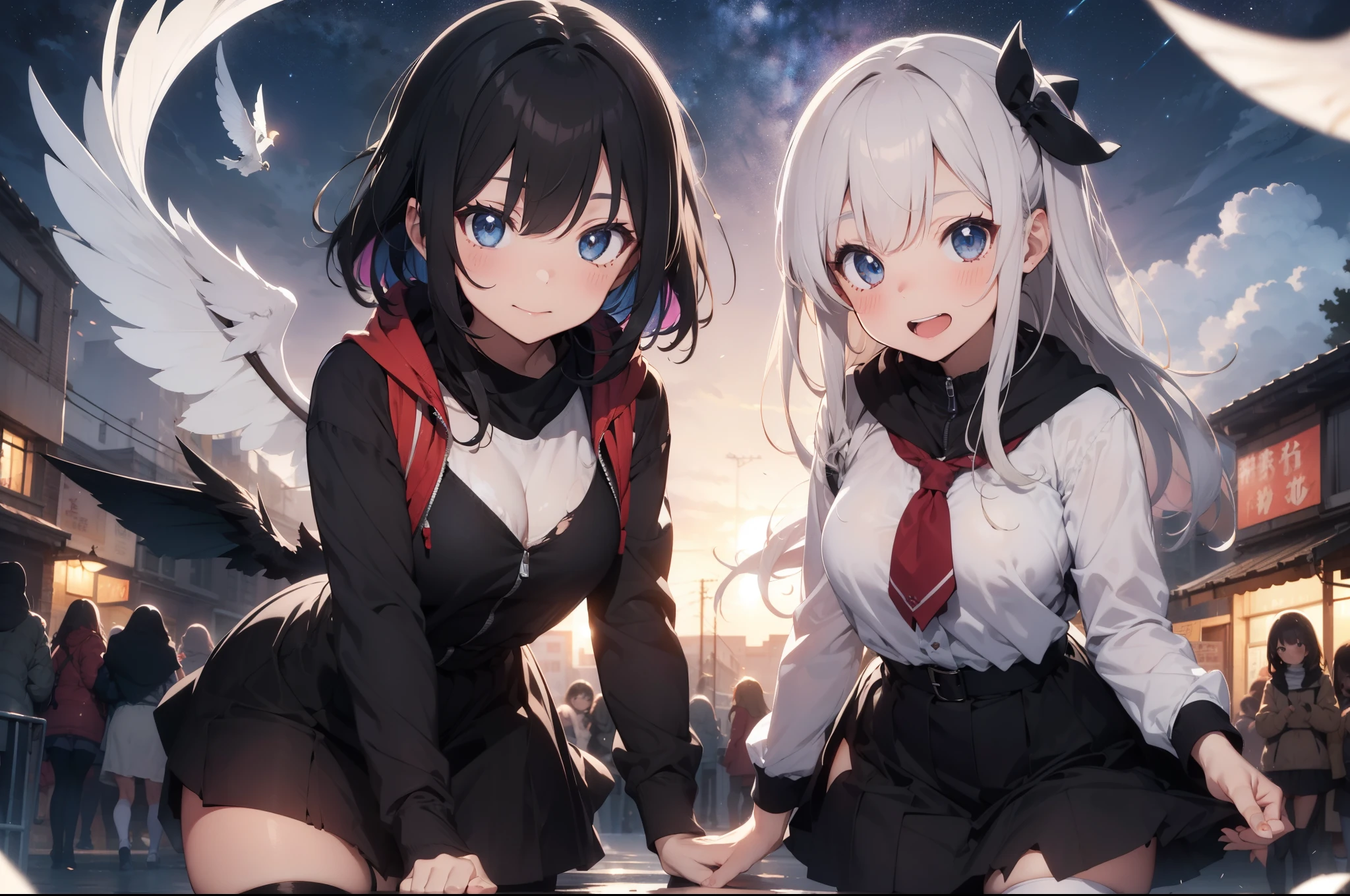rating:safe, blue_eyes, black_hair, multiple_girls, thighhighs, torn_clothes, long_hair, dress, black_legwear, open_mouth, torn_legwear, smile, multicolored_hair, (2girls), short_hair, white_hair, scythe, wings, blush, long_sleeves, looking_at_viewer, hood