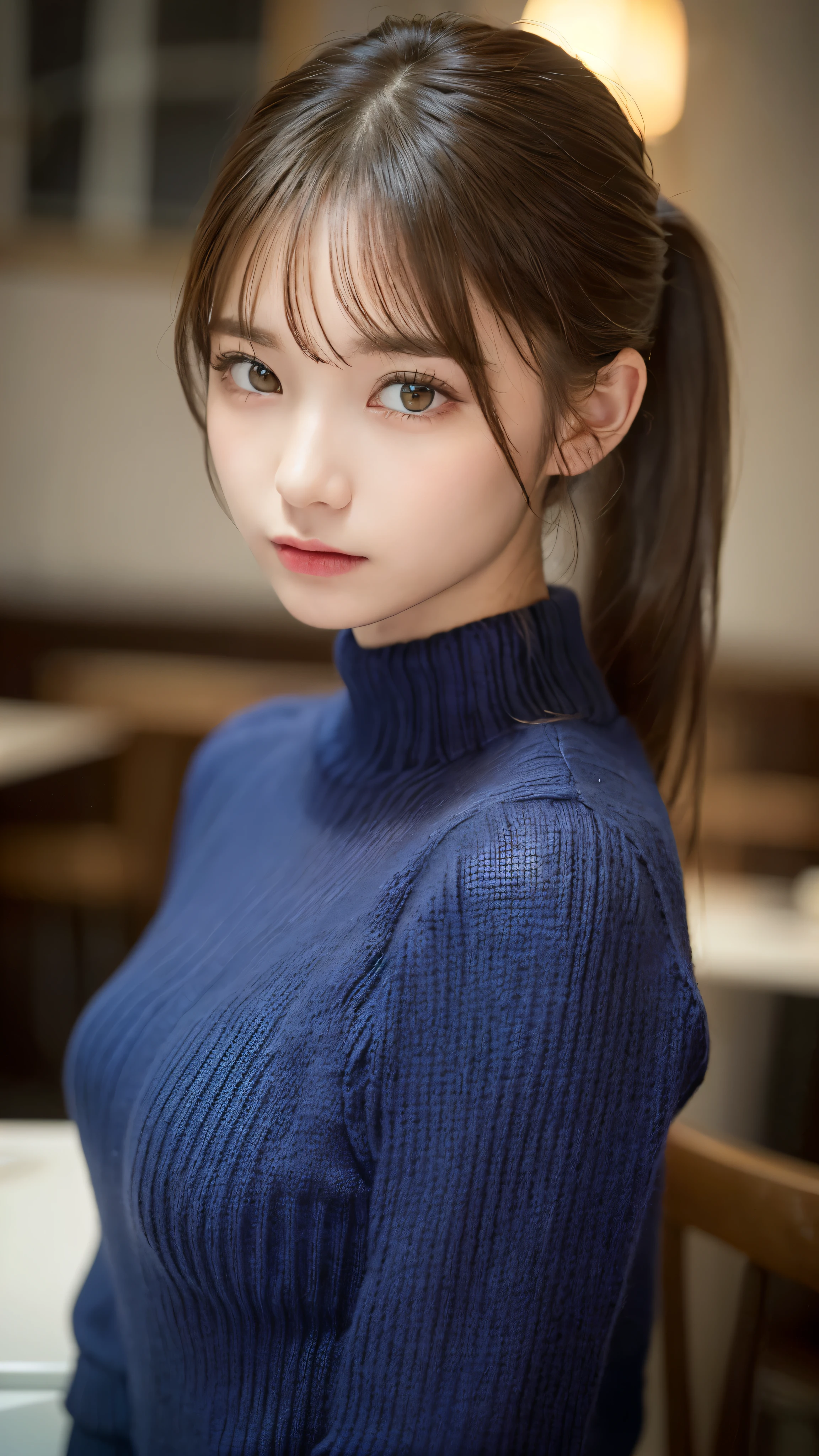 (masterpiece:1.5)、(realistic:1.5)、(highest quality:1.4、8K、RAW photo)、 ultra high resolution、professional lighting、perfect dynamic composition、Photographed at an antique and stylish cafe、 film grain、chromatic aberration、(Bokeh:1.1)、 Frank、Sophisticated、charm、超realistic、high detail、golden ratio、 (1 girl)、slender girl、繊細でcharm女の子、cute woman:1.4、 serious expression、looking at the viewer、sculpture installation、light brown hair、shining hair、Hair style is ponytail、 skin that looks real、 close your mouth、fine eyes、double eyelid、thin arms、(wearing a navy blue knit sweater:1.3)