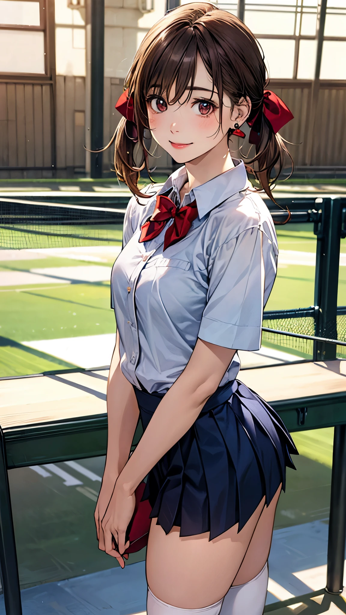 (masterpiece:1.2, top-quality), (realistic, photorealistic:1.4), beautiful illustration, (natural side lighting, movie lighting), 
looking at viewer, fullbody, 1 girl, japanese, high school girl, perfect face, cute and symmetrical face, shiny skin, babyface, 
(short hair, low twintails, light brown hair), hair between eyes, brown eyes, big eyes, drooping eyes, (middle breasts, seductive thighs, big ass), piercings, 
beautiful hair, beautiful face, beautiful detailed eyes, beautiful clavicle, beautiful body, beautiful chest, beautiful thigh, beautiful legs, beautiful fingers, 
((white collared shirt, navy blue pleated miniskirt, red bow tie, white socks)), brown school bag, 
(beautiful scenery), evening, school gymnasium, ping-pong table, standing, (lovely smile, upper eyes),