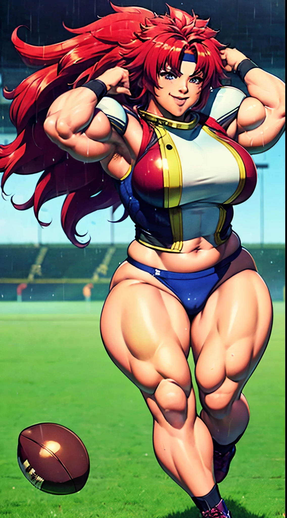 (masterpiece, best quality, high quality, highres:1.4), queen's blade,Risty,1girl, smirking, extra long thick hair, large breasts, huge muscles, (football helmet and elegant American football uniform and padded football pants), (blow bubble gum:1.3, huge), while running down football field, other Japanese women wearing similar American football uniforms on team also blowing bubble gum bubbles while running on football pitch during rainstorm, (huge balls and huge penis bulge:0.8)