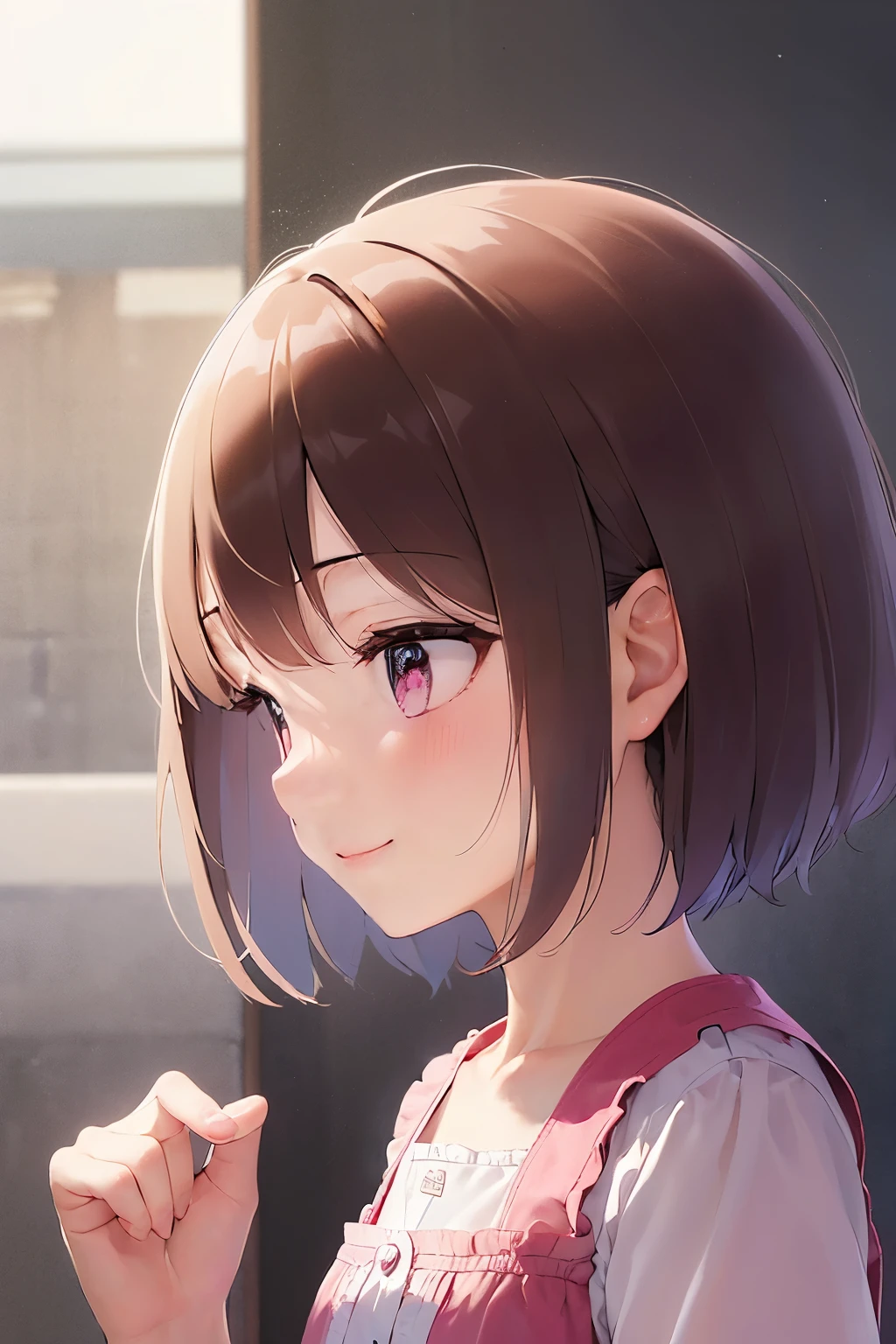(side angle:1.2), (looking away:1.5), masterpiece、high quality、Short hair with bright chestnut bangs、5-year-old girl、(:1.3), medium hair, pink eyes, (Alone:1.5)、wearing a pink frilled T-shirt、hands up、The upper body of the subject is shown、(A shy and smiling expression:1.1)、bold composition、The background is a park