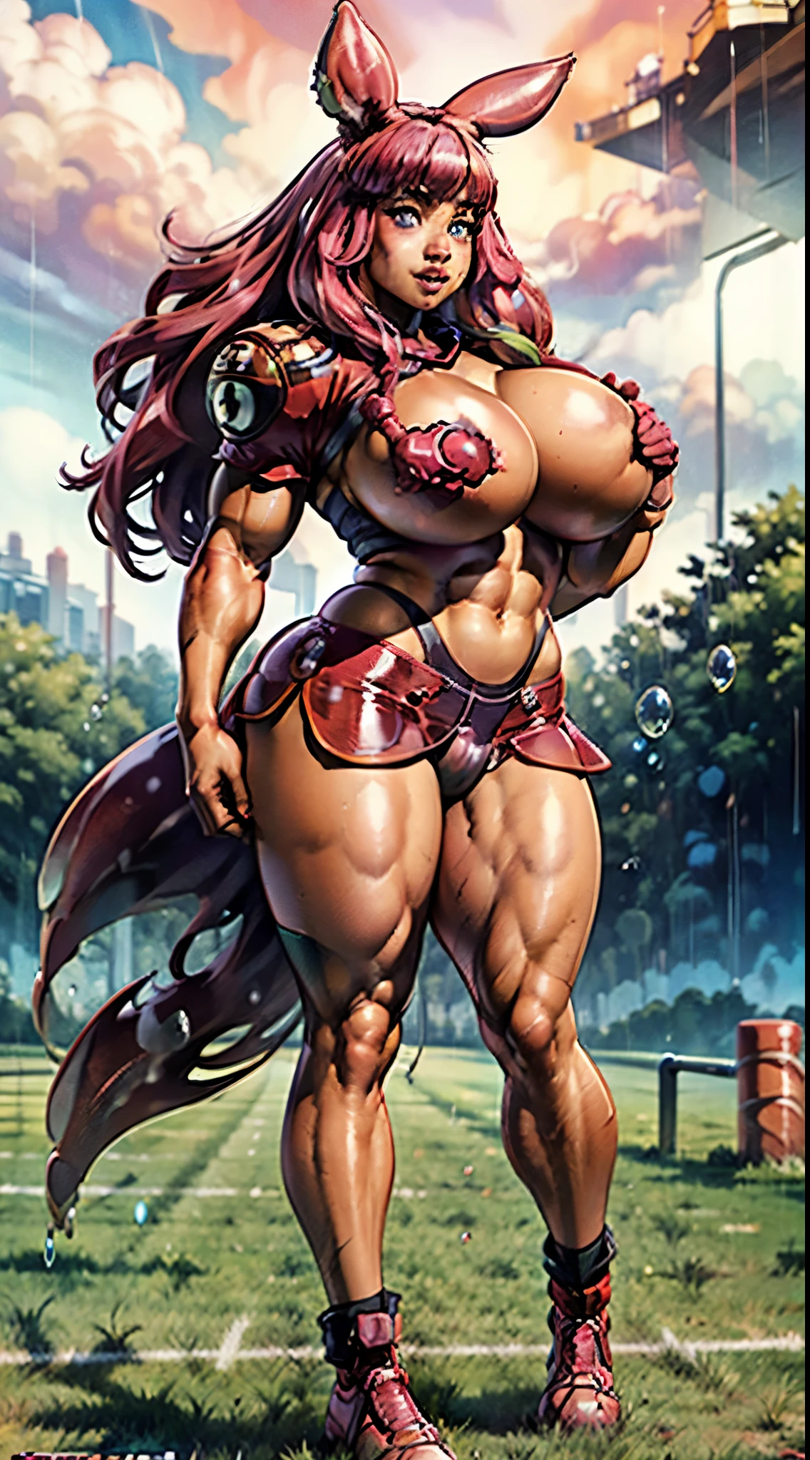 comic book art, 1970's, melona queen's blade, +_+, blue eyes, smirking, extra long thick pink hair, prehensile hair, extra long rabbit ears, revealing clothes, large breasts, slime body, monster girl, huge muscles, football helmet and elegant American football uniform, (blow bubble gum:1.3, huge), while running down football field, other Japanese women wearing similar American football uniforms on team also blowing bubble gum bubbles while running on football pitch during rainstorm, huge balls and huge futanari penis bulge