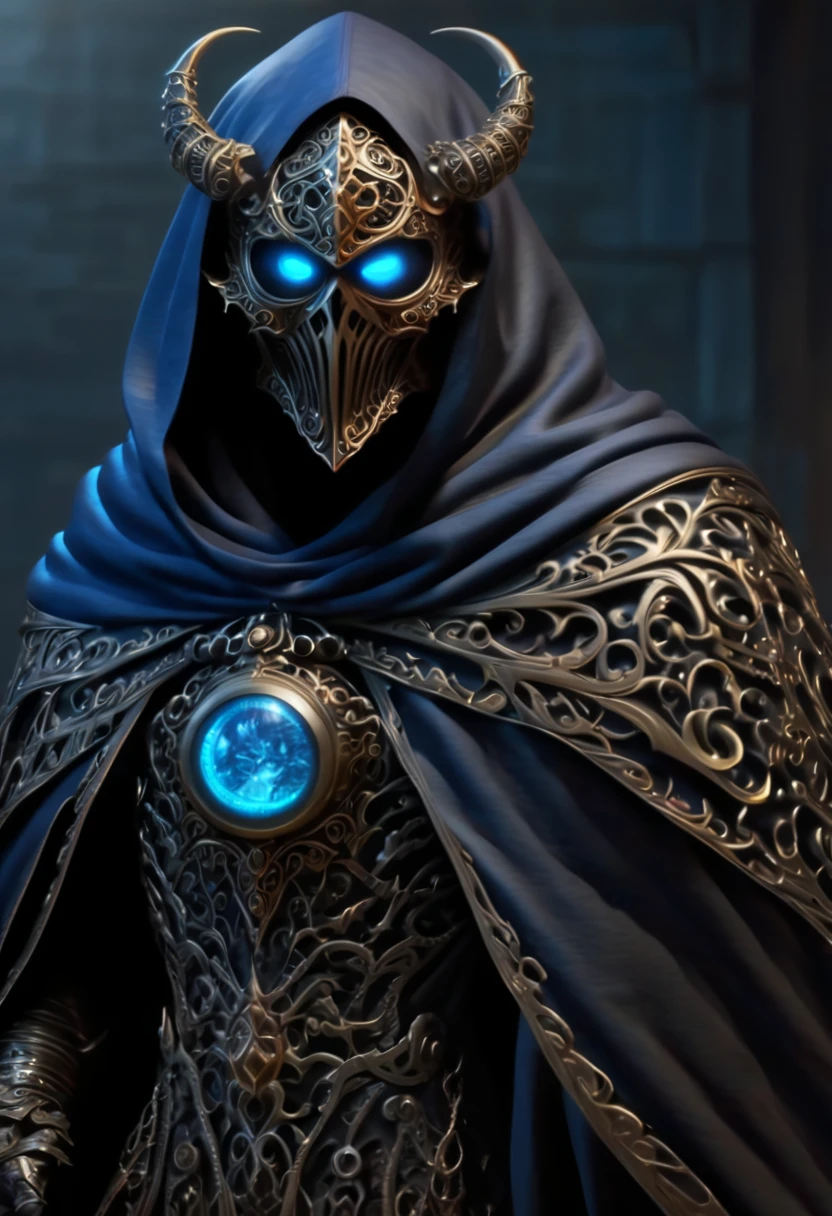 a filigree giant [metal|man|machine|shadow] creature with a blue orb core in chest, cloak, metal mask, dnd style, horror \(theme\),