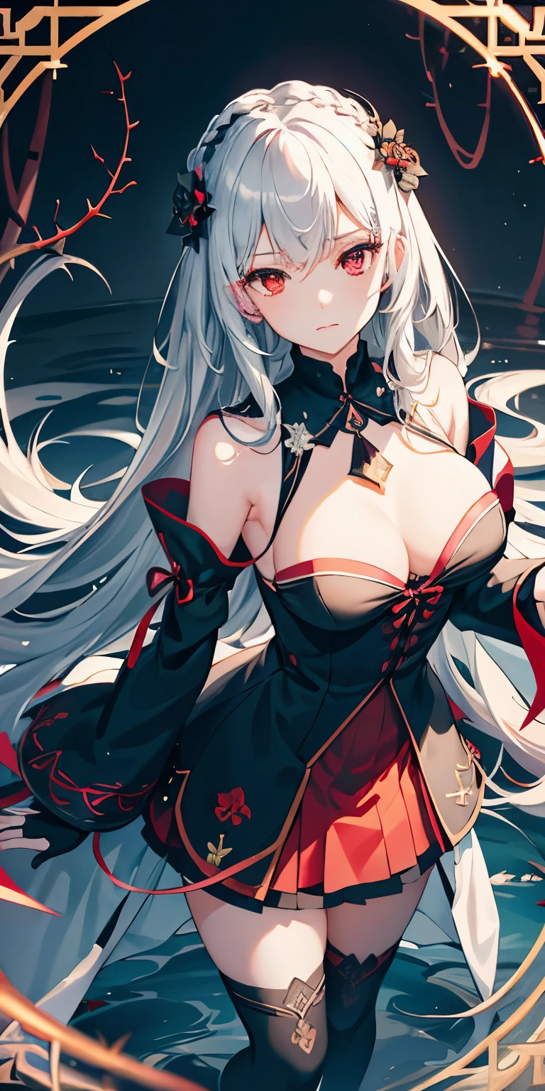(Overhead view),dynamic angle,ultra-detailed, illustration, close-up, straight on, 1girl, (fantasy:1.4), (crimson red eyes:1.233),Her eyes shone like blood moon,(glowing eyes:1.233),(beautiful and detailed eyes:1.1),(Silver hair:1.14),(wavy hair,very long hair,french braid,hair between eyes,sidelocks), (+(black flower on hair:1.14)),(black dress,black flower pattern)/=(military uniform:1.24),(detached sleeves,wide sleeves),(fingerless gloves),choker,(miko thighhighs),High heeled boots,(expressionless,closed mouth),(standing), (classical Princess boudoir with dressing tableand french windowin a white ancient palaces),(white flowers,bloom),(abysmal sea),(flowing water),(a dull blue world tree:1.14),(ruins),(night:1.2),dreamy,soul,(fluorescence), (green flower thorns:1.15), [[delicate fingers and hands:0.55]::0.85],(detail fingers),(yubao:0.5),