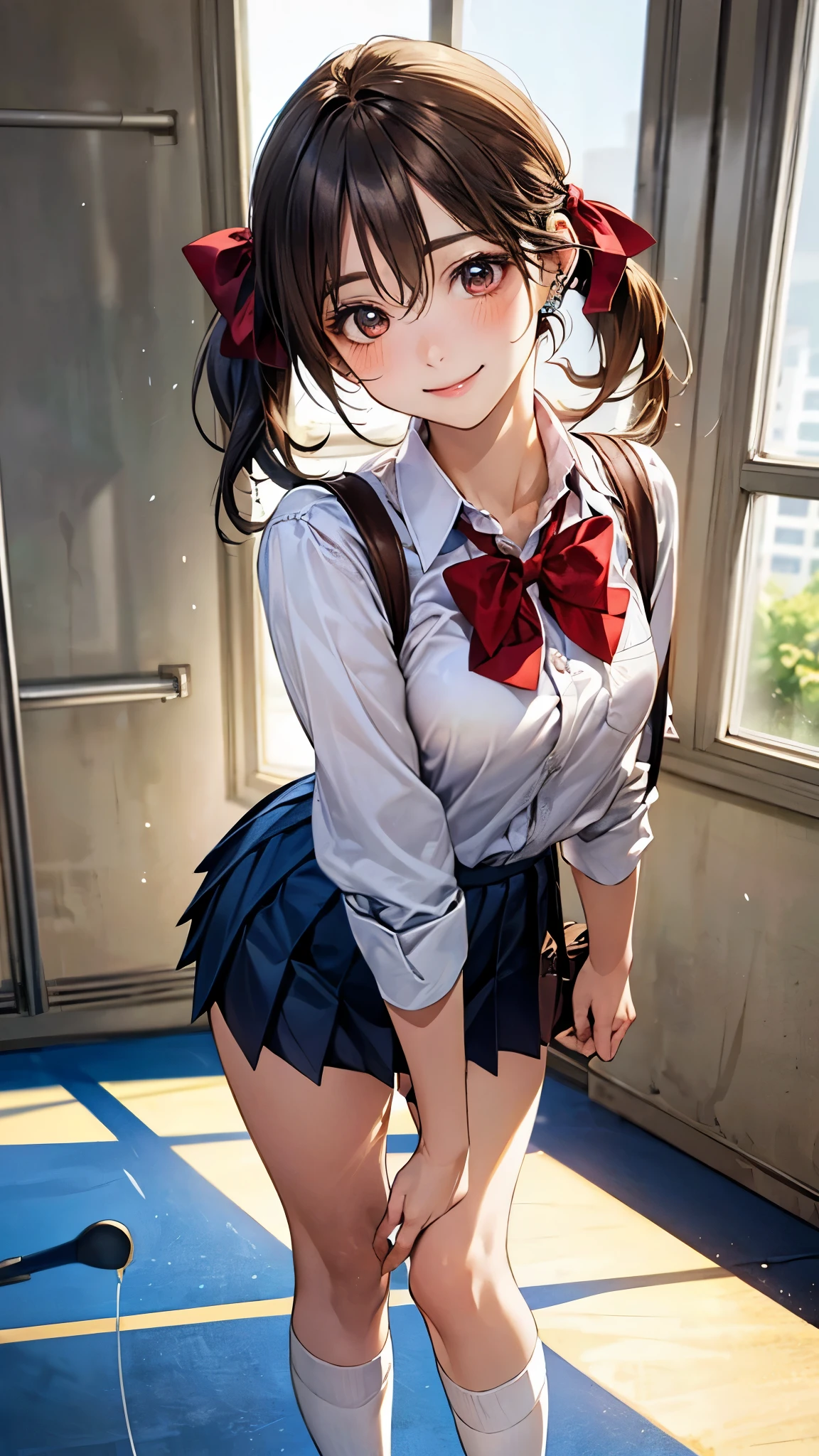 (masterpiece:1.2, top-quality), (realistic, photorealistic:1.4), beautiful illustration, (natural side lighting, movie lighting),
looking at viewer, fullbody, 1 girl, japanese, high school girl, perfect face, cute and symmetrical face, shiny skin, babyface,
(short hair, low twintails, light brown hair), hair between eyes, brown eyes, big eyes, drooping eyes, (middle breasts, seductive thighs, big ass), piercings,
beautiful hair, beautiful face, beautiful detailed eyes, beautiful clavicle, beautiful body, beautiful chest, beautiful thigh, beautiful legs, beautiful fingers,
((white collared shirt, navy blue pleated miniskirt, red bow tie, white socks)), brown school bag,
(beautiful scenery), evening, school gymnasium, ping-pong table, standing, (lovely smile, upper eyes),