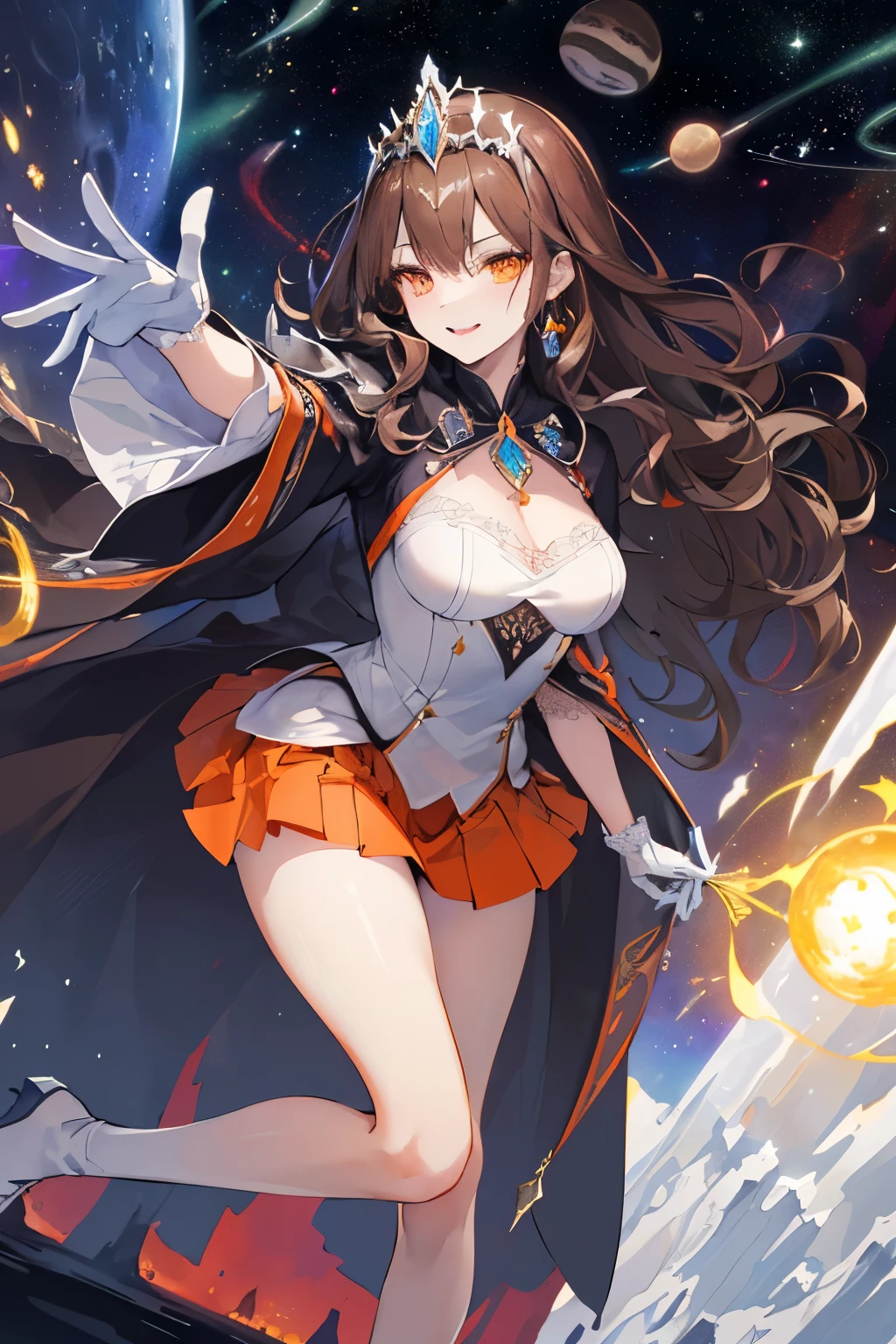 (((1girl))), ((best quality)), ((masterpiece)), ((ultra-detailed)), (illustration), (detailed light), (an extremely delicate and beautiful), (beautiful detailed eyes), (sunlight), ((extremely light)), ((extremely clothes)), (((hyper detail))),(((((front lighting))))),(((((front light))))),
((((quite adorable and more erotic Warlock's robe with a brief skirt and Warlock tiara)))), (((Highest Class Warlock))),
,
((wavy long hair)), ((((dark brown hair)))), (((long hair))),
(((deep orange eyes))),
(((whole body))), aged 8 to 12, ((((())))),
((condescending expression)), ((mischievous smile with sexual satisfaction)), (((extra adorable))), (((((extra slender shape))))),
(((extremely beautiful detailed face))), (((surrounded by many planets in space))),
(((((attacking enemies by a spell of breaking the rule of time))))),
(((((Dutch angle))))), (((white gloves))), a little bit exposed pure red panties