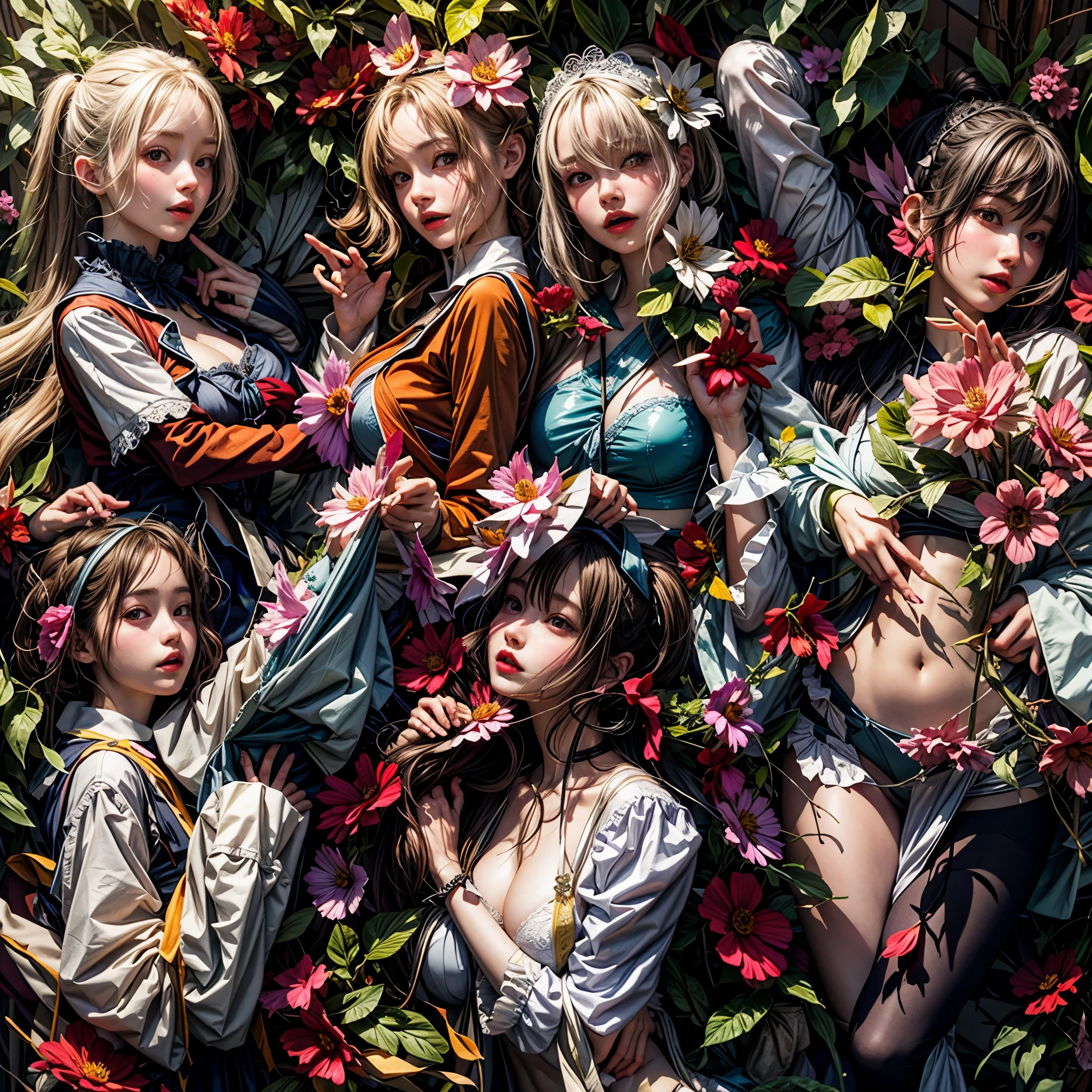 (sfw, White and Red, Acutance:0.8), Masterpiece, (realistic and ((photorealistic:1.37)) with touch of rawness). A group of KAWAII girls in loose opened uniform without bra . (extremely detailed KAWAII face variations, joyful expression variations), { Navel | pretty Ass | Overflowing underboob | (White panties) with blood only in crotch area | (full of Flowers covering girl's body) | (Dazzling colorful stained glass with delicate details:1.2) } . (Exposed:1.2), ((nipple:-0.9)), (((Unaligned fingers:-1))) .