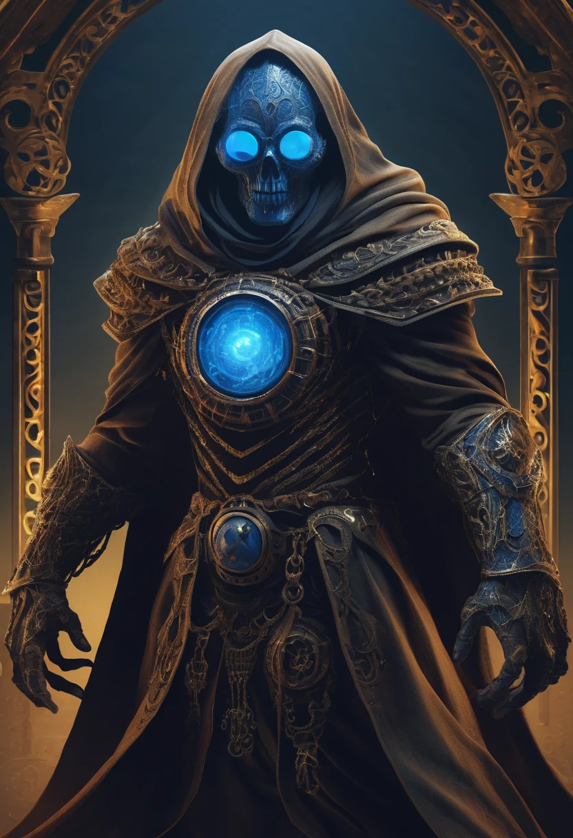 a filigree giant [metal|man|machine|shadow] creature with a blue orb core in chest, cloak, metal mask, dnd style, horror \(theme\),