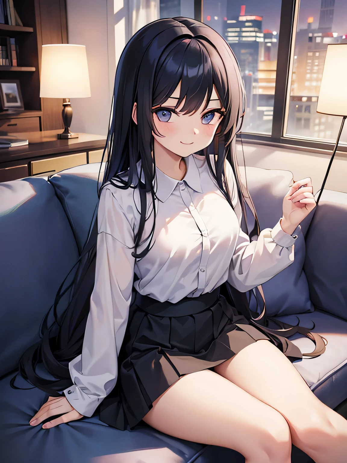 (1) A woman is sitting alone on a sofa in the living room. Her pink panties are almost visible between her thighs and skirt.
(2) The woman is wearing a blue long-sleeved mini dress.
(3) she has long black hair.
(4) Her expression is a smile; She is 29 years old and has a mature look..
(5) The location is the sofa in the living room of the apartment at night..