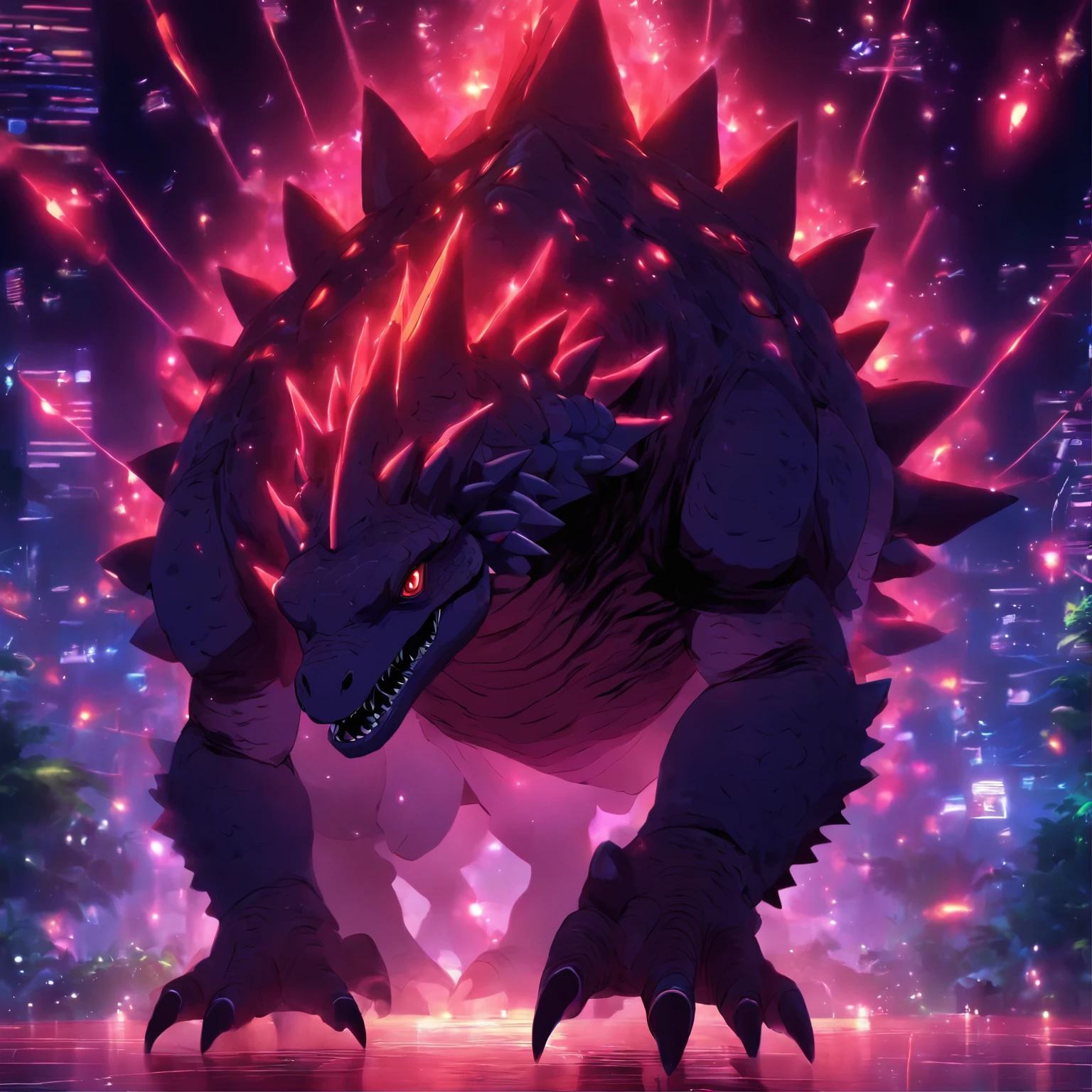 Stegosaurus, deep red with a luminescent light red glow, light red lines, glowing iridescent orbs all around, Dancing Lights, masterpiece, best quality