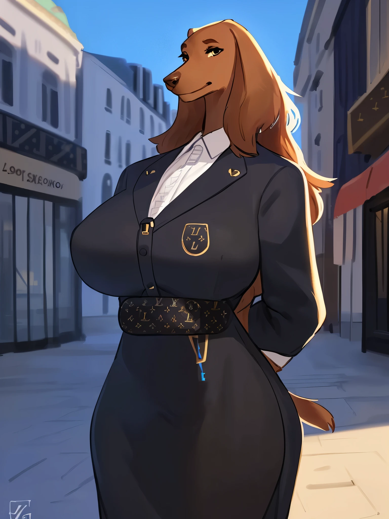 by bebebebebe, by lostgoose, by goonie-san, solo, female, standing, ((snout, brown hair, hair, beagle)), detailed eyes, french city, open mouth, smiling, happy, ((designer clothes, chic parisian)), big breasts