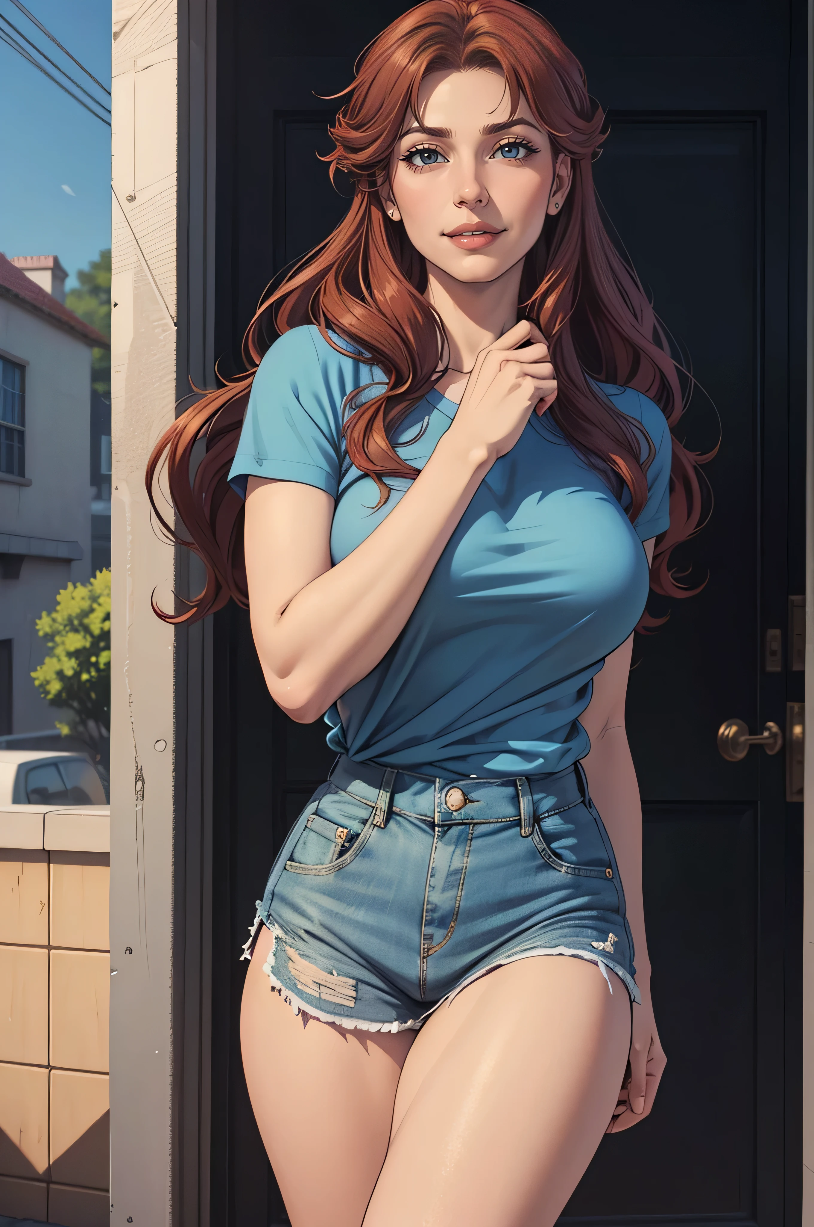 anime girl with long hair and a blue shirt posing for a picture, realistic anime 3 d style, 3 d anime realistic, photorealistic anime, photorealistic anime girl render, smooth anime cg art, anime styled 3d, realistic anime artstyle, anime realism style, anime style. 8k, realistic young anime girl, render of a cute 3d anime girl