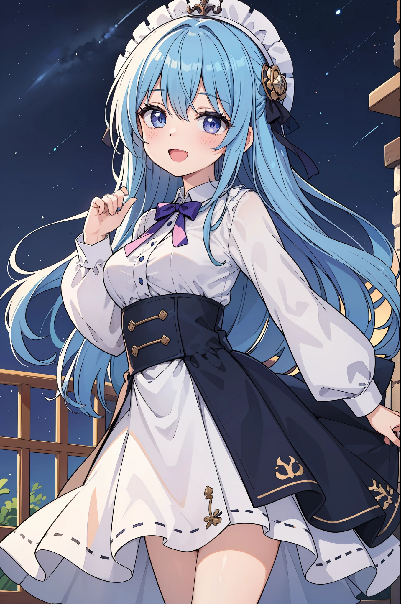 rating:safe, 1girl, solo, long_hair, blue_hair, dress, blush, smile, very_long_hair, open_mouth, blue_eyes, purple_eyes, looking_at_viewer, white_dress, sky, eyebrows_visible_through_hair, long_sleeves, star_(sky), hair_between_eyes, starry_sky, :d, breasts, lens_flare