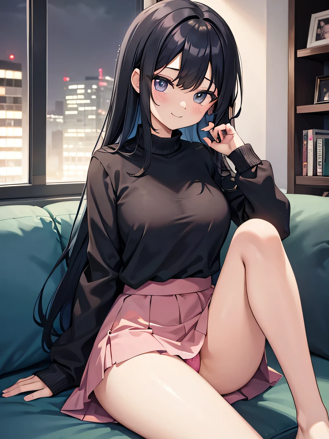 (1) A woman is sitting alone on a sofa in the living room. Her pink panties are almost visible between her thighs and skirt.
(2) The woman is wearing a blue long-sleeved mini dress.
(3) she has long black hair.
(4) Her expression is a smile; She is 29 years old and has a mature look..
(5) The location is the sofa in the living room of the apartment at night..