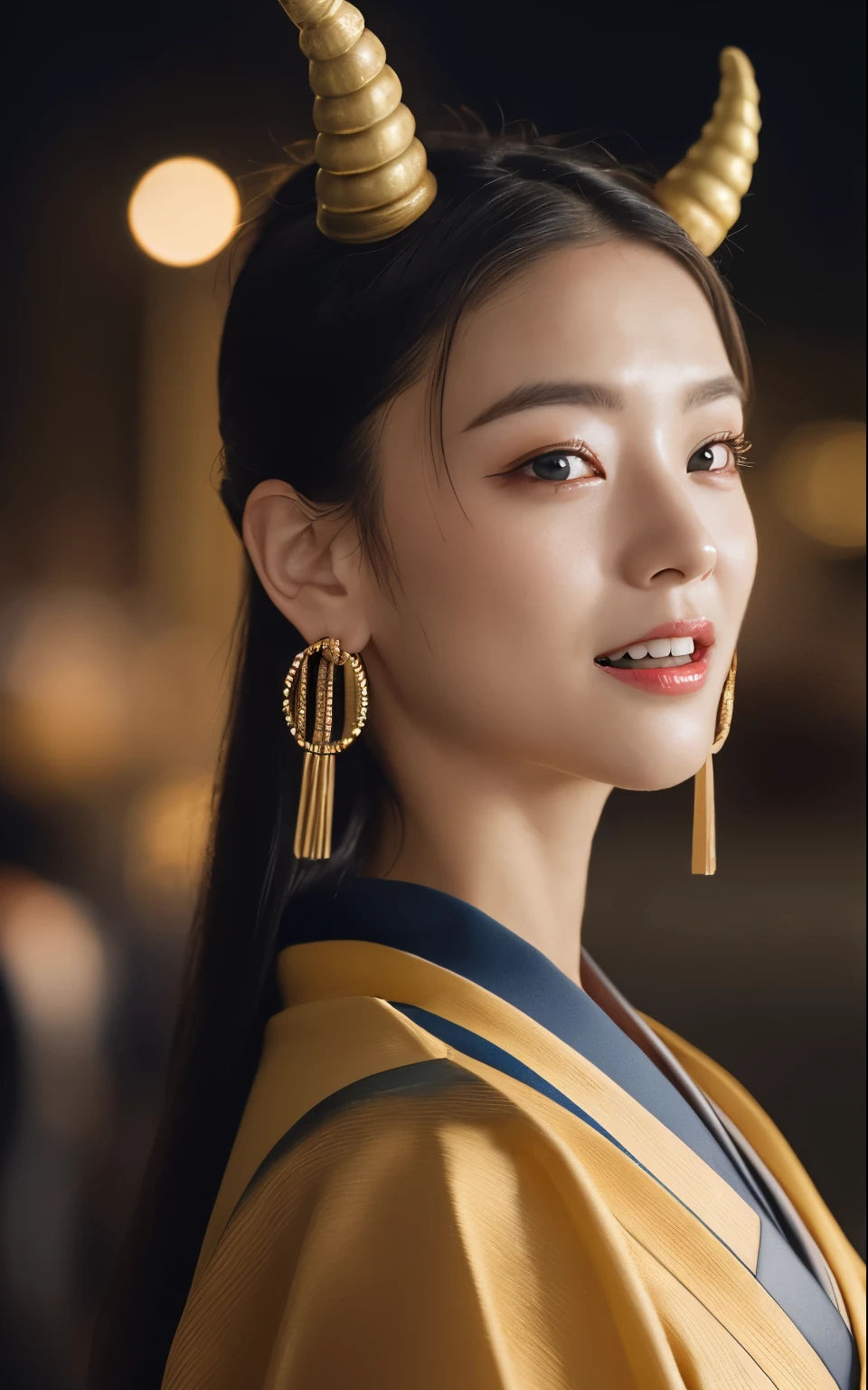 masterpiece, highest quality, Like a real photo、alone, 1 girl, glowing skin, hoop earrings, demon,2 horns,sharp teeth,Open mouth,glamorous, quirky details, dry hair, long hair,yellow hair,fascinating, kimono,shallow depth of field, contrasting, professional model, facing the front, portrait ,night,setsubun,Japan