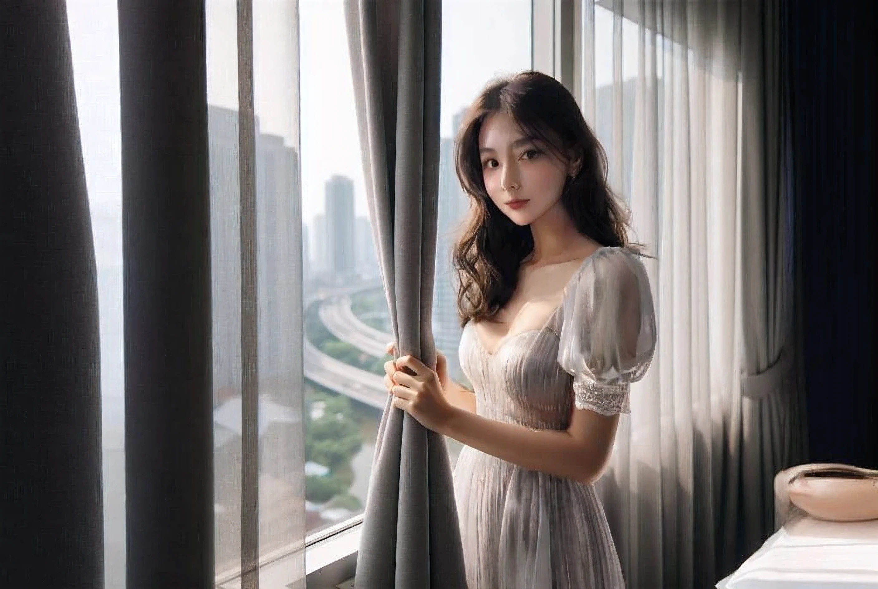 1 girl, brown hair, beautiful face, shiny skin, grey formal dress
