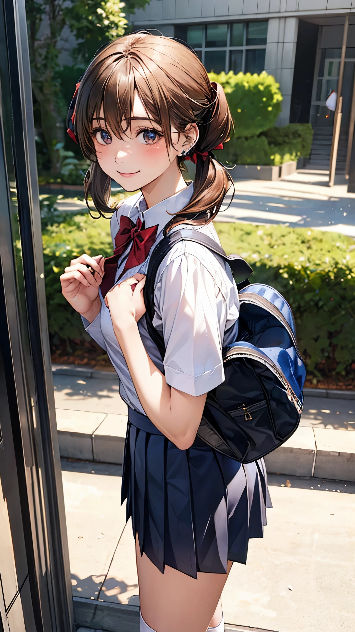 (masterpiece:1.2, top-quality), (realistic, photorealistic:1.4), beautiful illustration, (natural side lighting, movie lighting), 
looking at viewer, fullbody, 1 girl, japanese, high school girl, perfect face, cute and symmetrical face, shiny skin, babyface, 
(short hair, low twintails, light brown hair), hair between eyes, brown eyes, big eyes, drooping eyes, (middle breasts, seductive thighs, big ass), piercings, 
beautiful hair, beautiful face, beautiful detailed eyes, beautiful clavicle, beautiful body, beautiful chest, beautiful thigh, beautiful legs, beautiful fingers, 
((white collared shirt, navy blue pleated miniskirt, red bow tie, white socks)), brown school bag, 
(beautiful scenery), evening, flower garden, walking, (lovely smile, upper eyes),