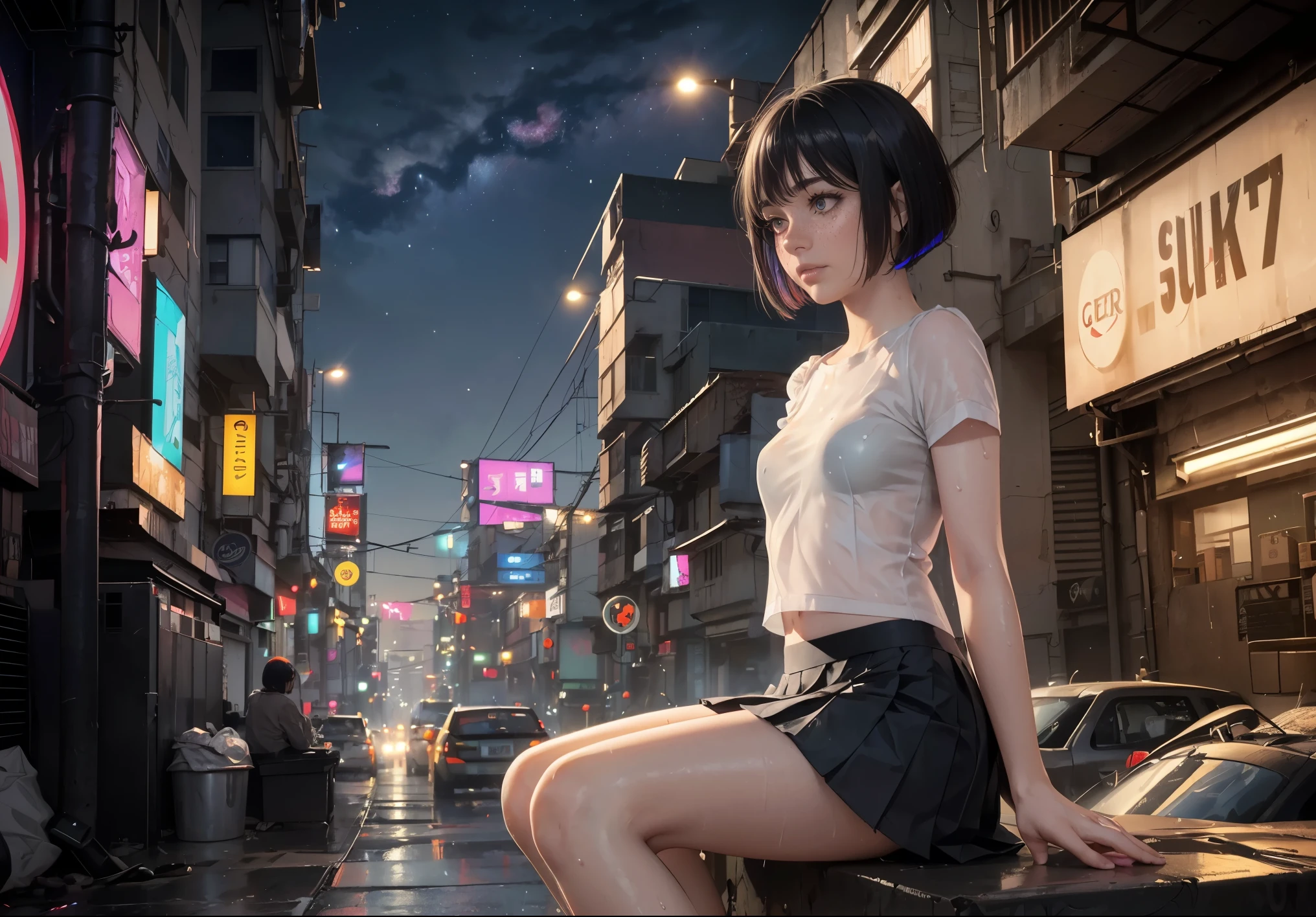 (realism), a girl sitting legs dangling on a edge roof ledge), (rain drop), (sweat see through white frilled shirt:1.3), (pleated skirt:1.3), (rainy city), (dusk, the milky way in the sky:1.45), (small breasts), photoreal, (beautiful sky, starry), (masterpiece), (soaking wet), (sexy:1.3), (cyberpunk slums:1.4), (cyber slums on top), (cyberpunk 2077), beautiful neon city, ((gray hair, multicolored eyes, multicolored hair, bob cut, short hair with long strands))