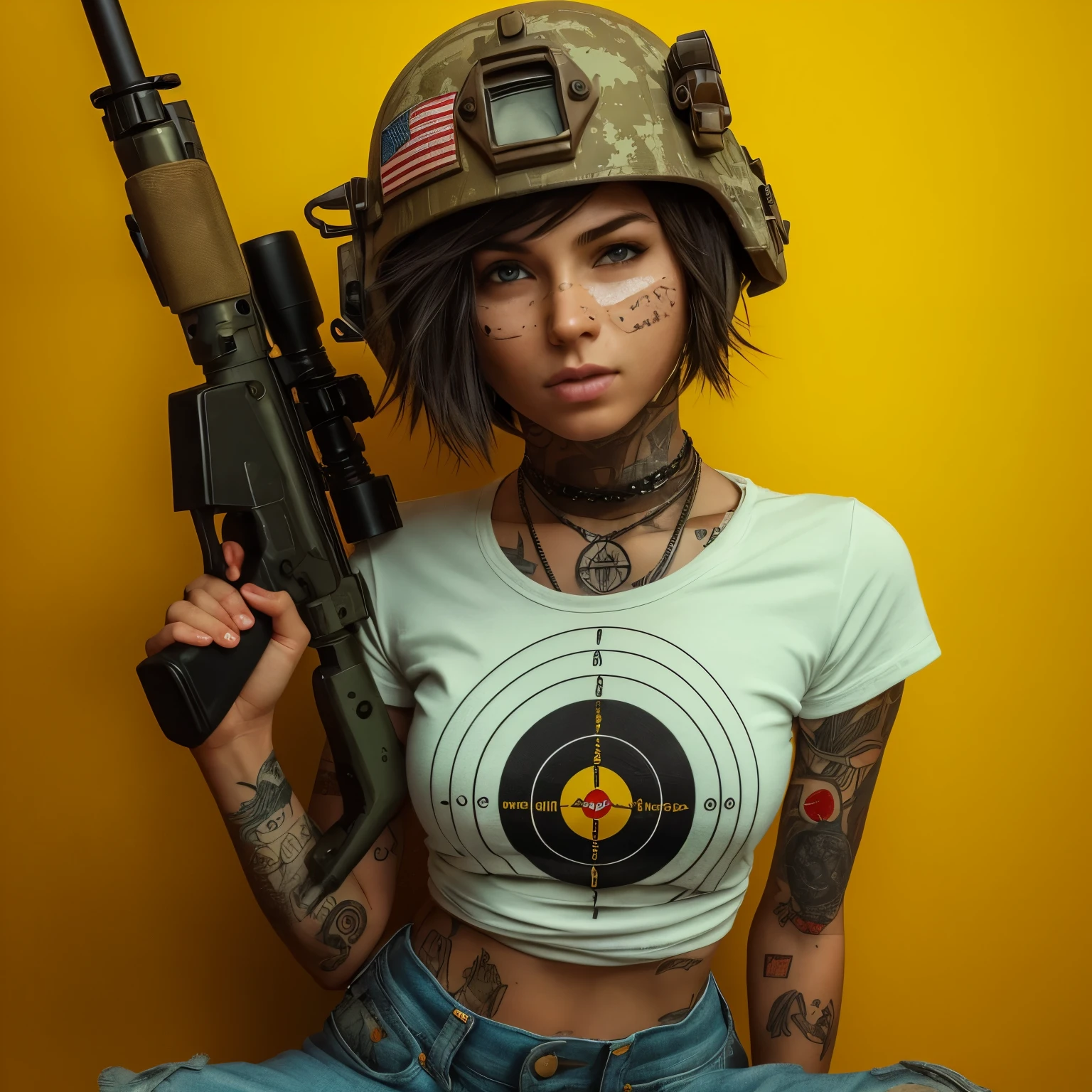hyper realistic photography, wide shoot full body of fictional character: an edgy caucasian girl, detail facial, frackles, pore, band aid on her cheeks, have no hair wearing soldier helmet full badges, wink an eye, weird expression, wear white t-shirt with target pictures, wear jeans shortpants & net stockings, wear military boot, cool posing and hold a bazooka, background yellow limbo wall, long exposure --style raw --v 6.0