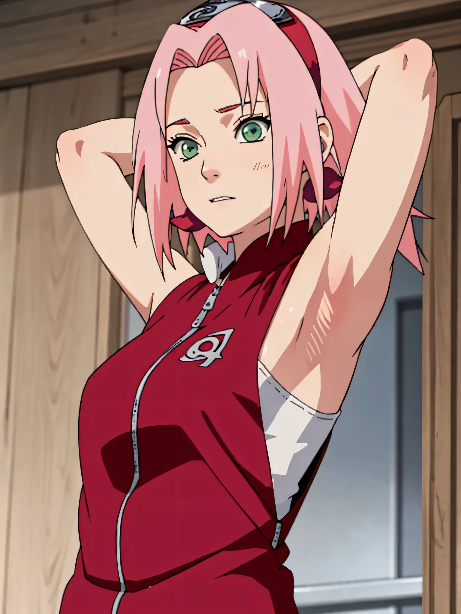 sakura haruno, sleeveless, red jacket, forehead protector, konohagakure symbol, arms behind head, arms up, armpits, showing armpits, posing, green eyes, perfect proportions, sakura shippuden, masterpiece, best quality, short hair, pink hair, black gloves, solo, elbow covers