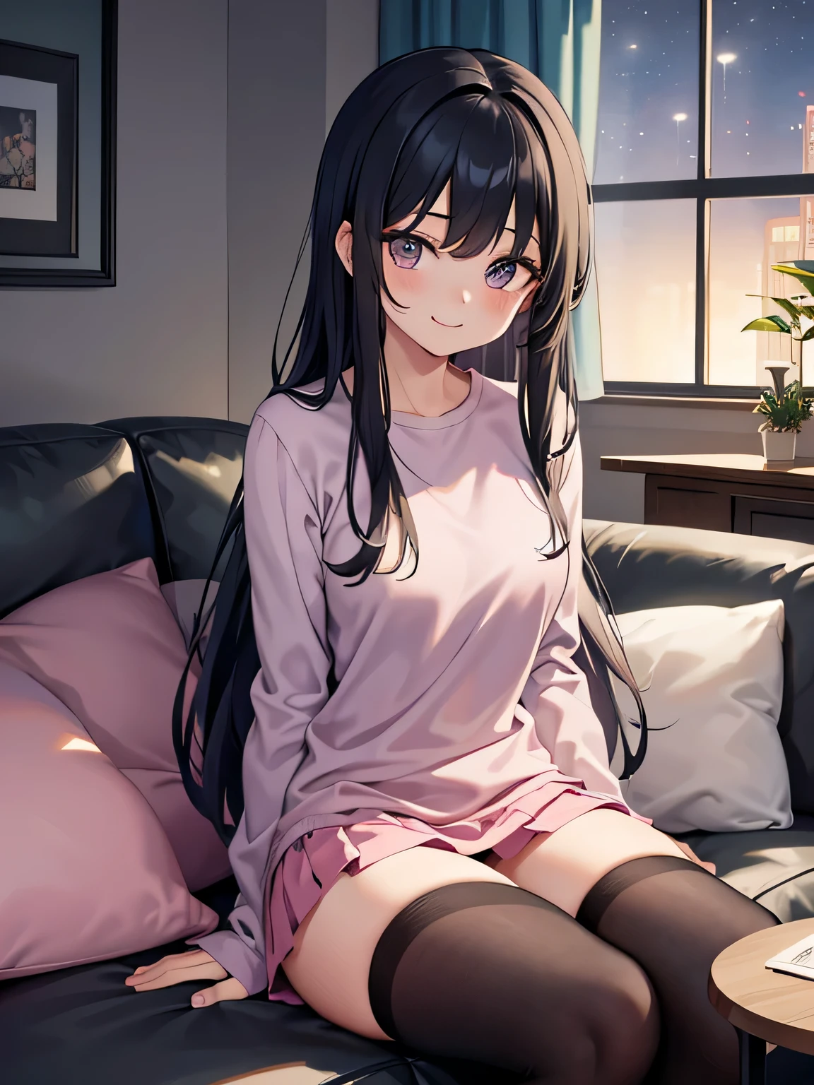 (1) A woman is sitting alone on a sofa in the living room. Her pink panties are almost visible between her thighs and skirt.
(2) The woman is wearing a blue long-sleeved mini dress.
(3) she has long black hair.
(4) Her expression is a smile; She is 29 years old and has a mature look..
(5) The location is the sofa in the living room of the apartment at night..