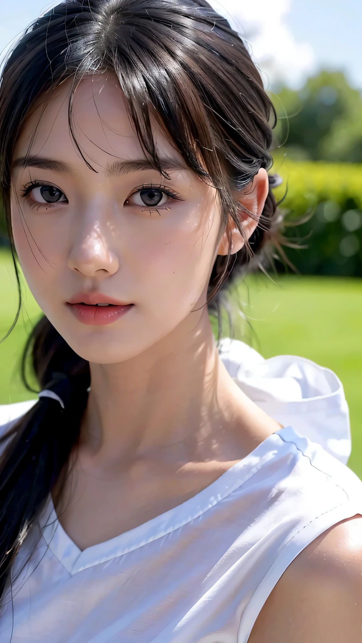 One woman,fully body photo,masutepiece, The highest image quality, High quality, the background is clear,Beautiful woman, Japanese, Detailed, Detailed eyes, Detailed skin, Beautiful skin, 超hight resolution, (reality: 1.4),Very beautiful woman, Slightly younger face, Beautiful skin, slender, (Ultra photo realsisim), (hight resolution), (8K), (Very detailed) (beautifully detailed eyes), (super detailed), (Detailed face), view the viewer, Fine details, Detailed face, Staring straight ahead, Staring straight ahead, photos realistic, Bright lighting, Professional Lighting, Black hair,poneyTail,a baby face,sixteen years old,髪型はponeyTail,wear a ribbon,ロングのponeyTailの髪型,winking,Clear sky, on grass.