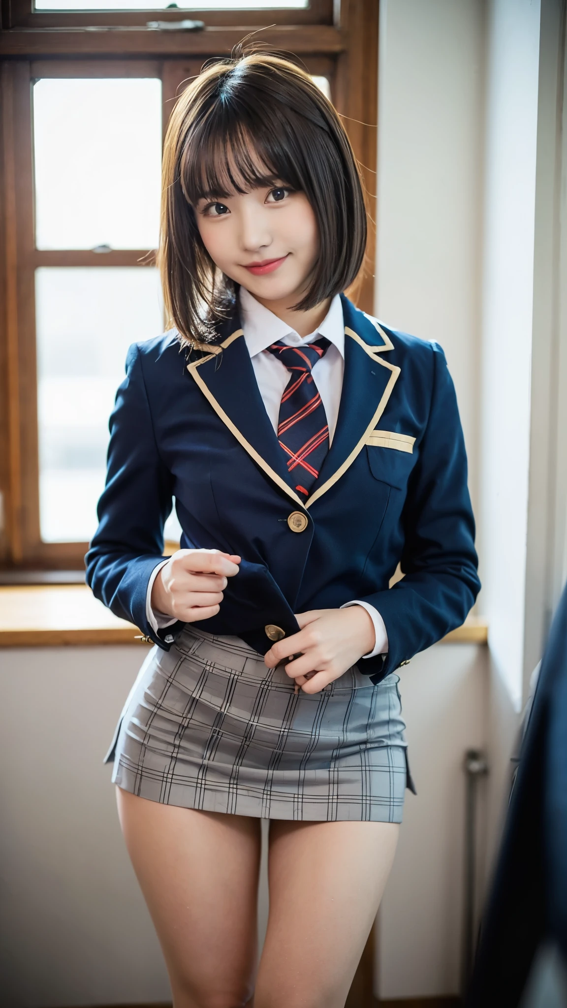 Girl Standing In School Classroom,Red Tie Uniform,Dark Blue Closed Blazer,Blue plaid super super super mini skirt,18-year-old,bangs,a little smile,thighs,knees,from below,random pose,pretty girl,slender girl,Side waves with a short cut,The skirt is too short and you can see the white panties,