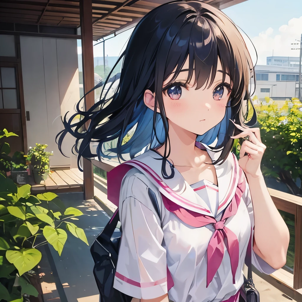 high school girl、Sitting on a park bench、Waiting for someone、summer clothing、a sailor suit、Plain but cute、cabelos preto e longos、The illustrations are in the style of romance manga or anime.♪