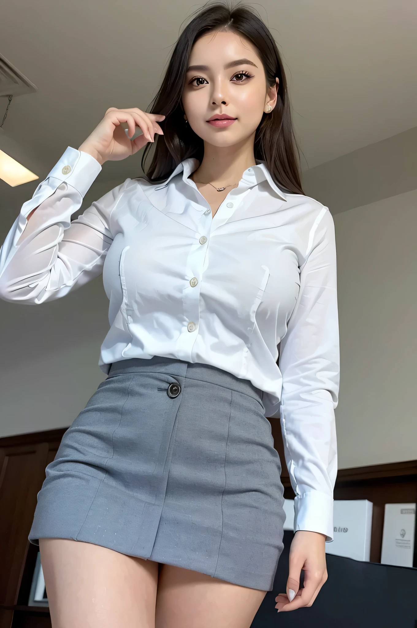 (1woman), Beautiful, Amazing face and eyes, makeup, (extremely detailed beautiful face), seducting smile, (Best Quality:1.4), (Ultra-detailed), (extremely detailed CG unified 8k wallpaper), Highly detailed, raw photos, Professional Photography, (Business Suit, Mini skirt:1.2), (Business shirt with wide open chest), (Spread legs), (view from below:1.2)