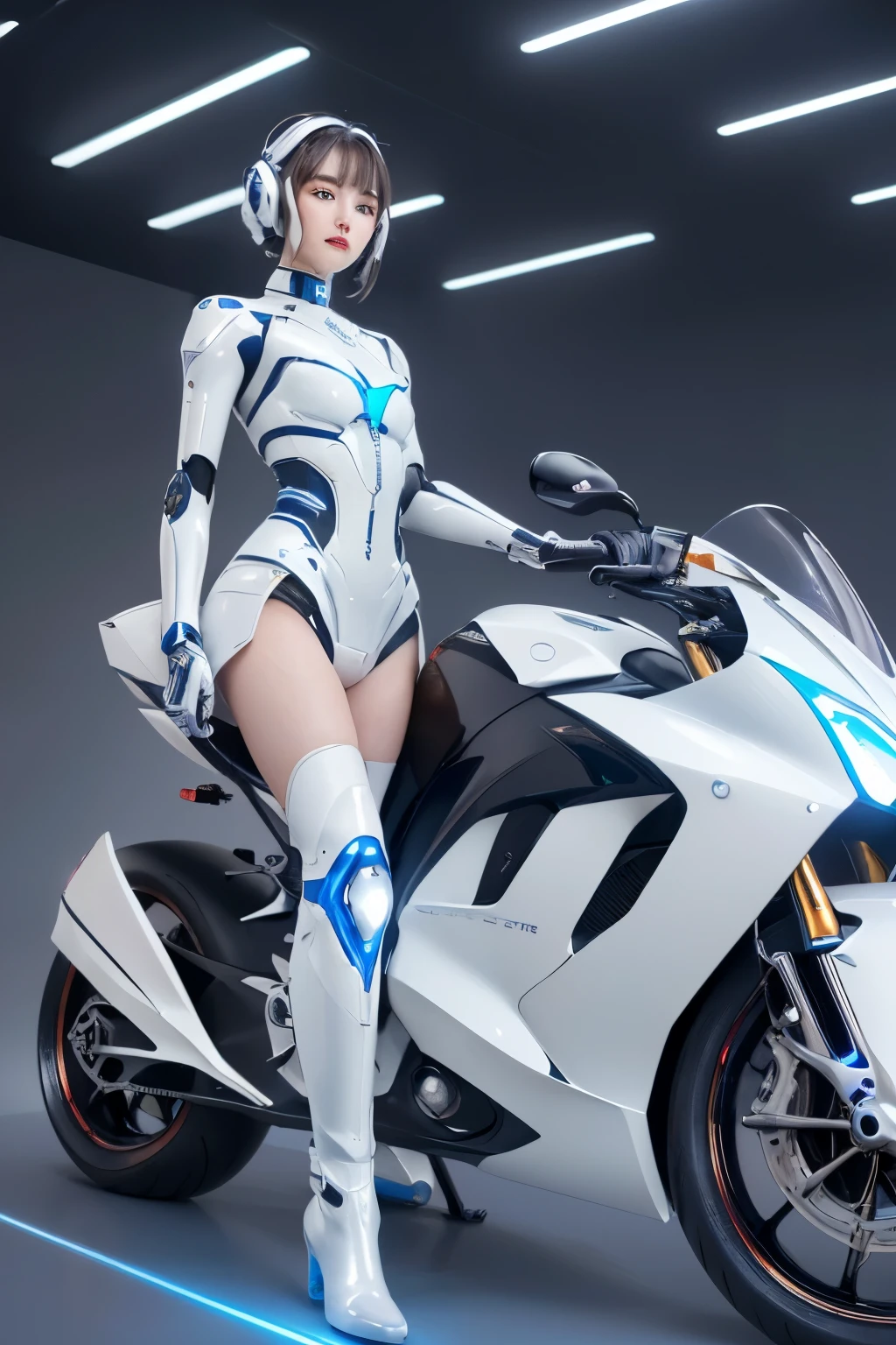 ((best quality)), ((masterpiece)), ((perfect face))、((Female android body))、((White, supple, beautiful and delicately designed metal body))、Science fiction、(((You can see the tips of the metallic boots)))、indirect is mechanical、thin line of blue light、(((Riding a detailed futuristic electric motorcycle)))、Blue glowing eyes