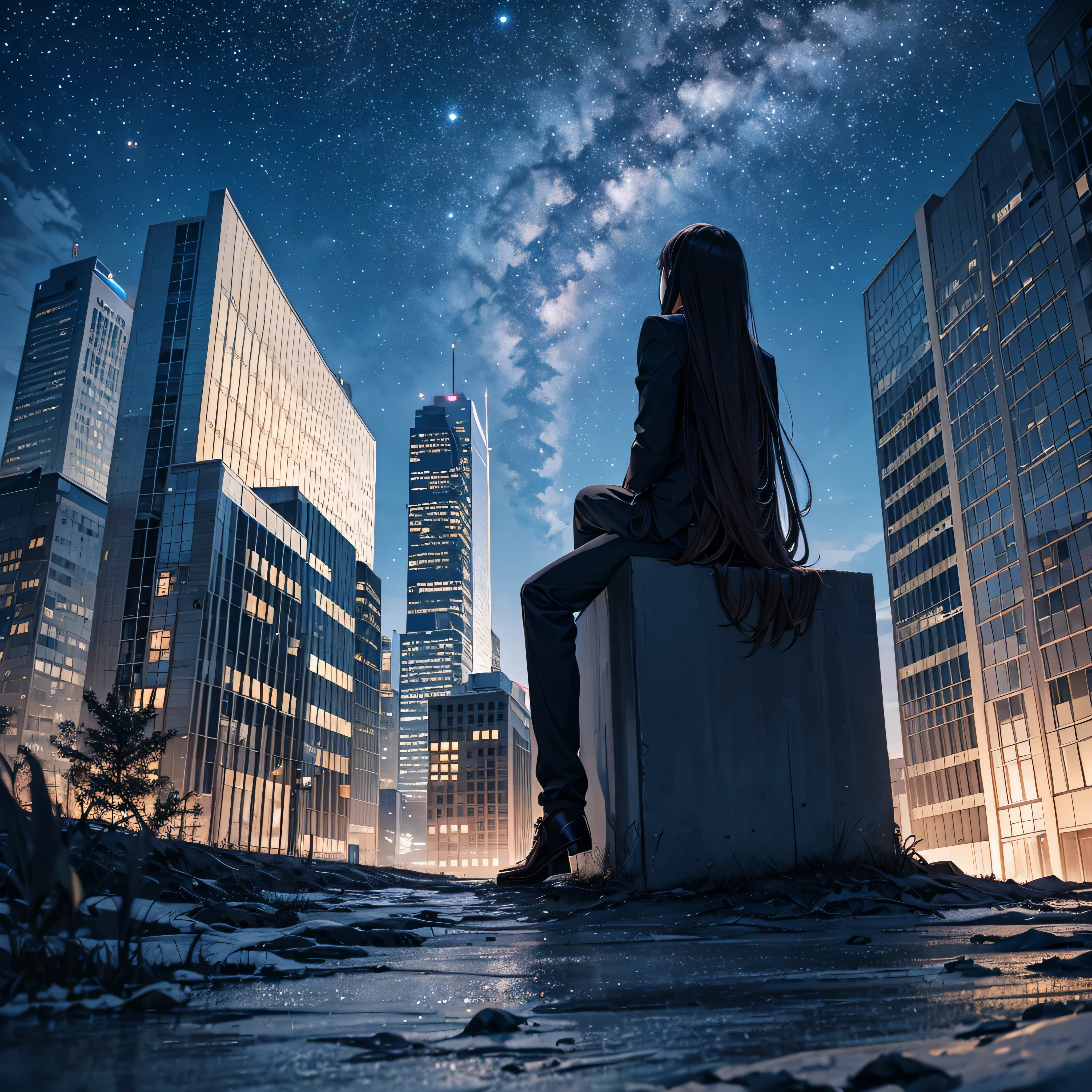 octans, sky, star (sky), scenery, starry sky, night, night sky, outdoors, building, cloud, milky way, sitting, tree, long hair, city, silhouette, cityscape,