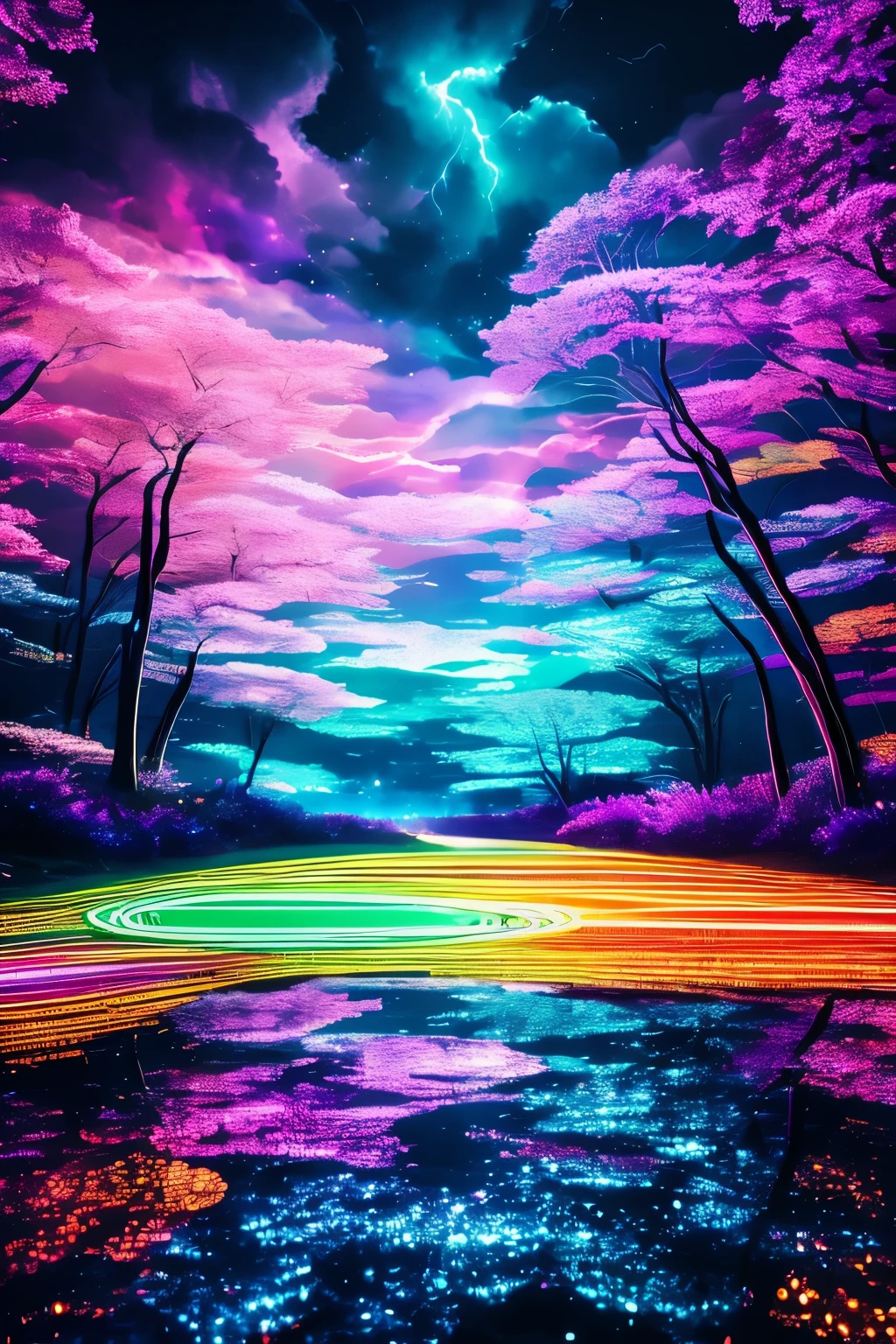 best quality, 32k, RAW photo, incredibly absurdres, extremely detailed, delicate texture, beautiful and fantastic drawings, glittering effects, fantasy, beautiful iridescent unicorns, delicate, flashy and dynamic depiction, 3D, move, art, background heaven, flowers, galaxy, huge magic circle, pale full moon, static electricity, electric discharge, geometric pattern, irregularity, mysterious, sign of something happening, wide space at night, night sky, colorful, rainbow colors neon line light, image processing with mysterious effects