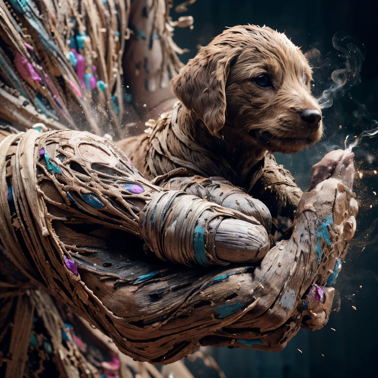 A highly detailed close-up image captures the hand of Mummy holding an puppy with splash and smoke effect showcasing a skin and body texture meticulously crafted to emulate real human features. The deliberate addition of a weathered appearance, enhanced by a vibrant array of multi-color splashes, contributes to an overall textured. high quality, 32k, super detail in resolution, high detailed, HD cinematic