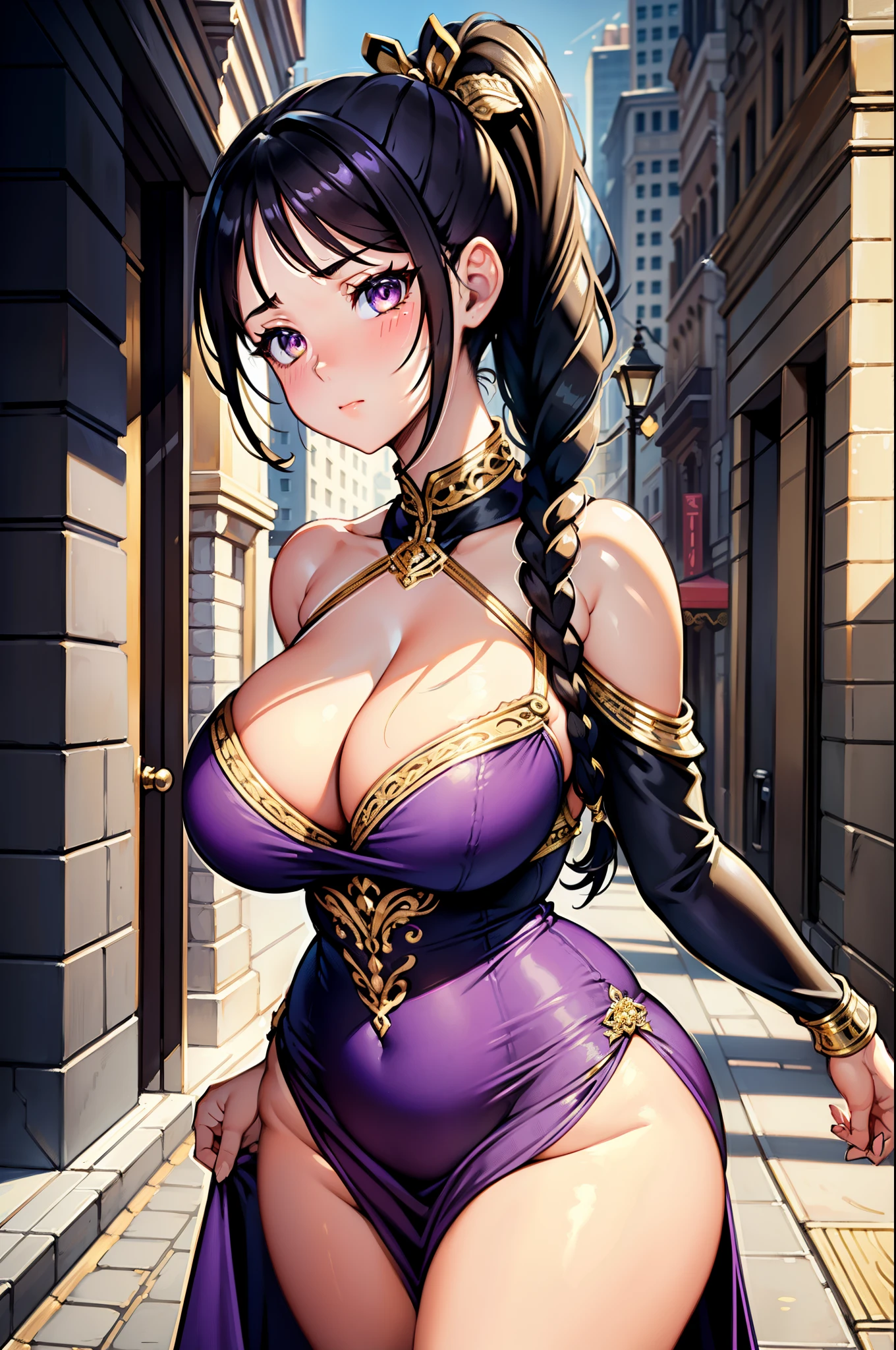 (masterpiece), best quality, expressive eyes, perfect face, perfect anatomy , long ribbons black side braided ponytail, golden eyes, cute blushy expression, large lifted breasts, wide hips, thicc thighs, very intricate details, cleavage, luxurious sensual long purple dress with bronze details, city streets background,