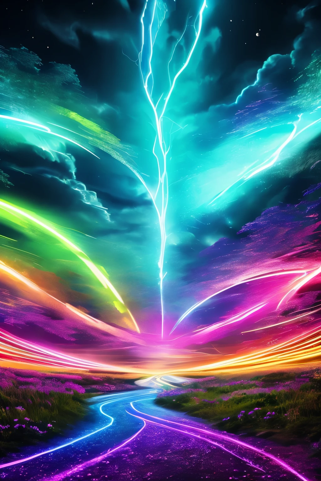 best quality, 32k, RAW photo, incredibly absurdres, extremely detailed, delicate texture, beautiful and fantastic drawings, glittering effects, fantasy, beautiful iridescent unicorns, delicate, flashy and dynamic depiction, 3D, move, art, background heaven, flowers, galaxy, huge magic circle, pale full moon, static electricity, electric discharge, geometric pattern, irregularity, mysterious, sign of something happening, wide space at night, night sky, colorful, rainbow colors neon line light, image processing with mysterious effects