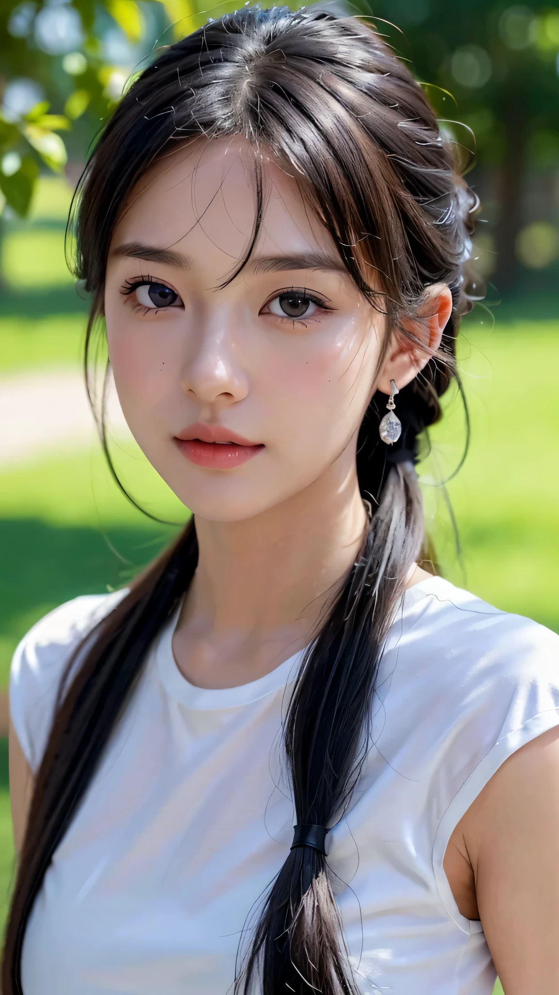 One woman,fully body photo,masutepiece, The highest image quality, High quality, the background is clear,Beautiful woman, Japanese, Detailed, Detailed eyes, Detailed skin, Beautiful skin, 超hight resolution, (reality: 1.4),Very beautiful woman, Slightly younger face, Beautiful skin, slender, (Ultra photo realsisim), (hight resolution), (8K), (Very detailed) (beautifully detailed eyes), (super detailed), (Detailed face), view the viewer, Fine details, Detailed face, Staring straight ahead, Staring straight ahead, photos realistic, Bright lighting, Professional Lighting, Black hair,poneyTail,a baby face,sixteen years old,髪型はponeyTail,wear a ribbon,ロングのponeyTailの髪型,winking,Clear sky, on grass.