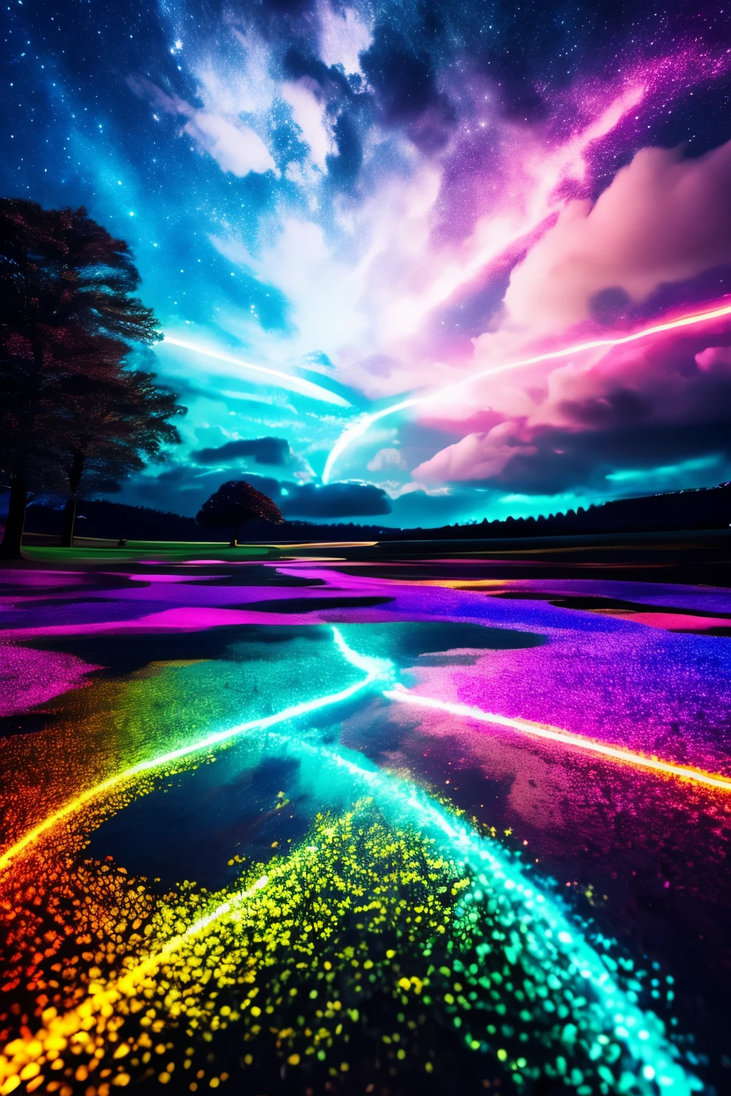 best quality, 32k, RAW photo, incredibly absurdres, extremely detailed, delicate texture, beautiful and fantastic drawings, glittering effects, fantasy, beautiful iridescent unicorns, delicate, flashy and dynamic depiction, 3D, move, art, background heaven, flowers, galaxy, huge magic circle, pale full moon, static electricity, electric discharge, geometric pattern, irregularity, mysterious, sign of something happening, wide space at night, night sky, colorful, rainbow colors neon line light, image processing with mysterious effects