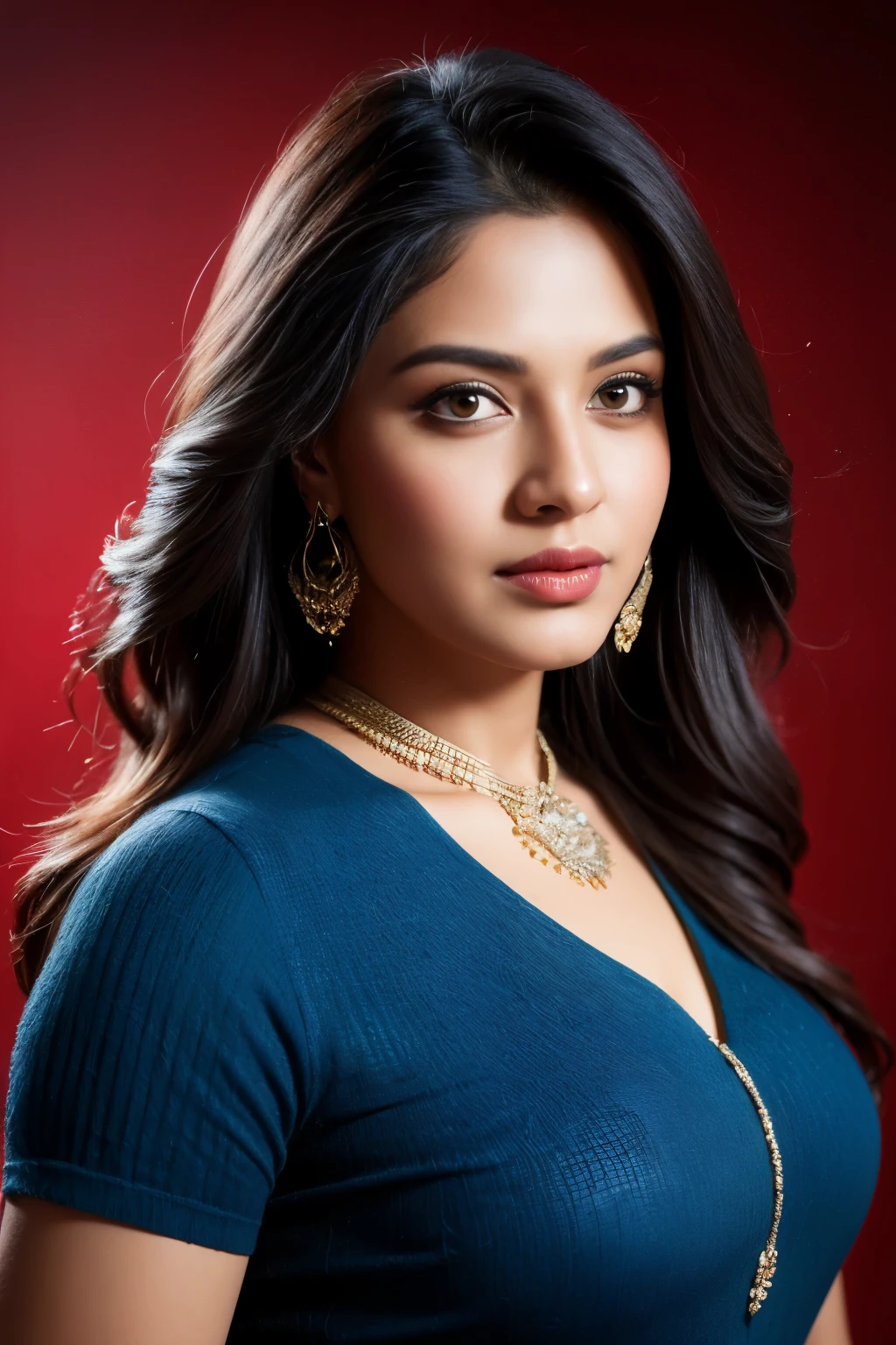 A confident-looking indian with long flowing hair, looking at viewer,hazel eyes, cyber background blue and red light, perfect composition, hyperrealistic, super detailed, 8k, high quality, trending art, trending on artstation, sharp focus, studio photo, intricate details, highly detailed,