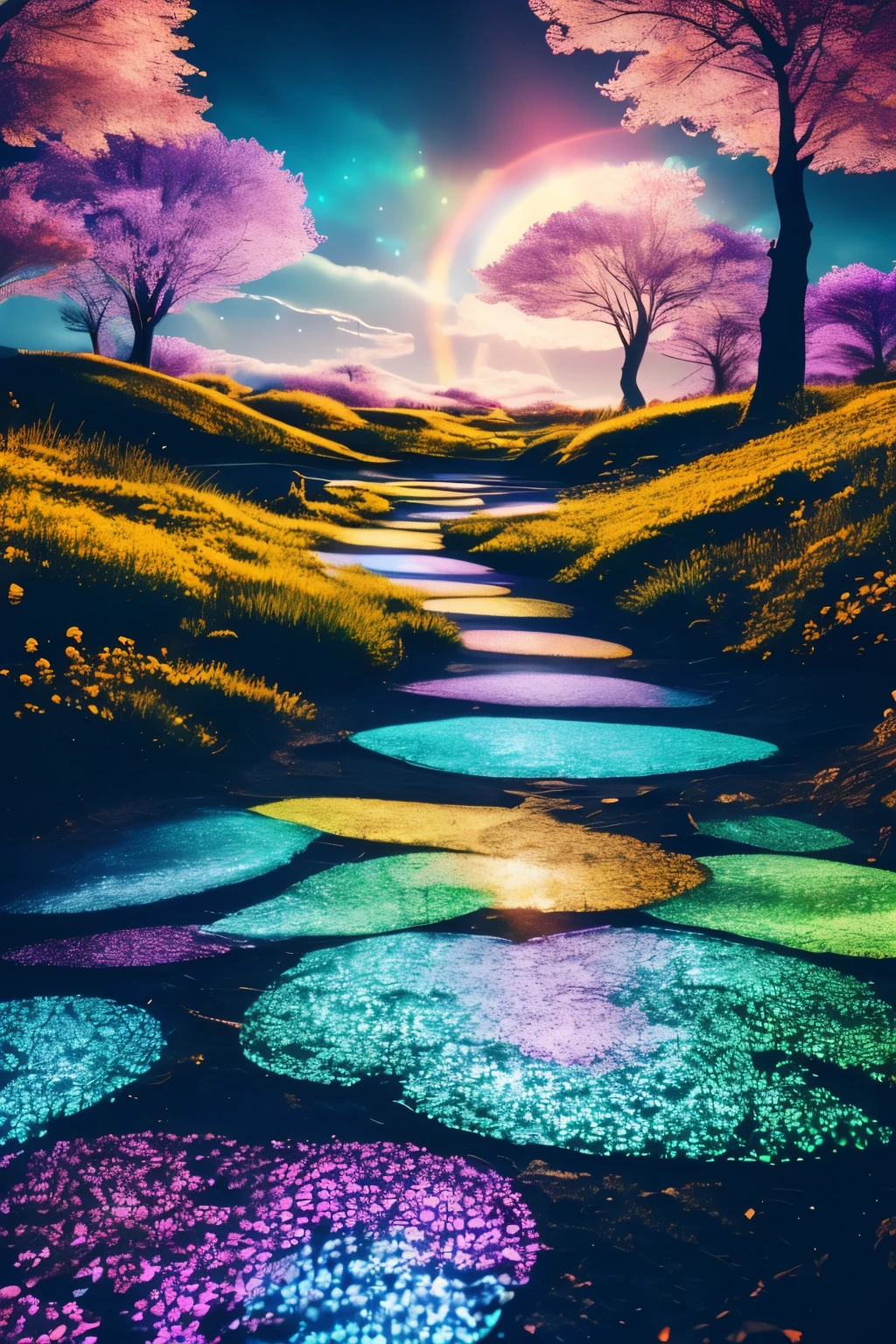 best quality, 32k, RAW photo, incredibly absurdres, extremely detailed, delicate texture, beautiful and fantastic drawings, glittering effects, fantasy, beautiful iridescent unicorns, delicate, flashy and dynamic depiction, 3D, move, art, background heaven, flowers, galaxy, huge magic circle, pale full moon, static electricity, electric discharge, geometric pattern, irregularity, mysterious, sign of something happening, wide space at night, night sky, colorful, rainbow colors neon line light, image processing with mysterious effects